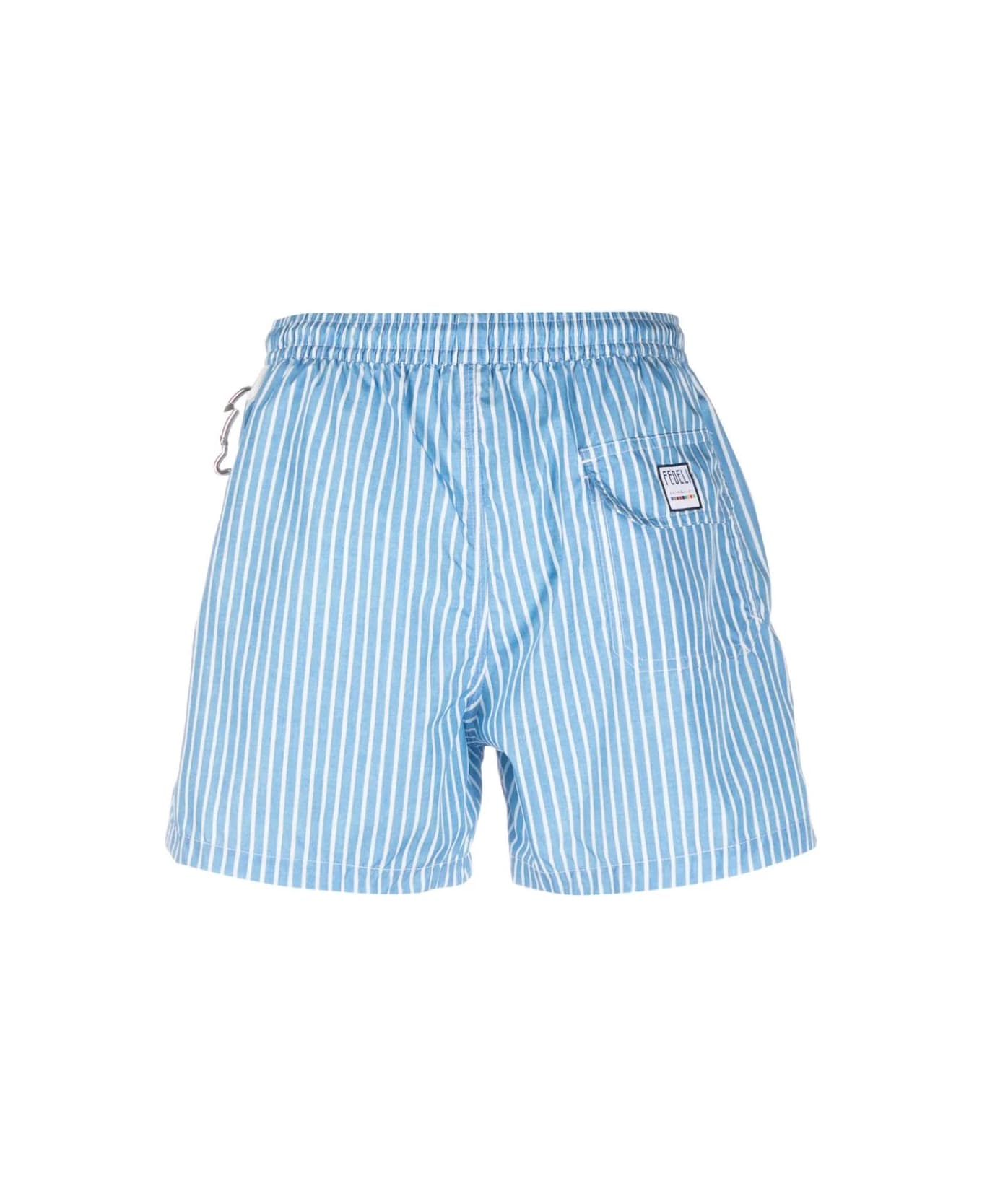 Fedeli Sky Blue And White Striped Swim Shorts - Blue