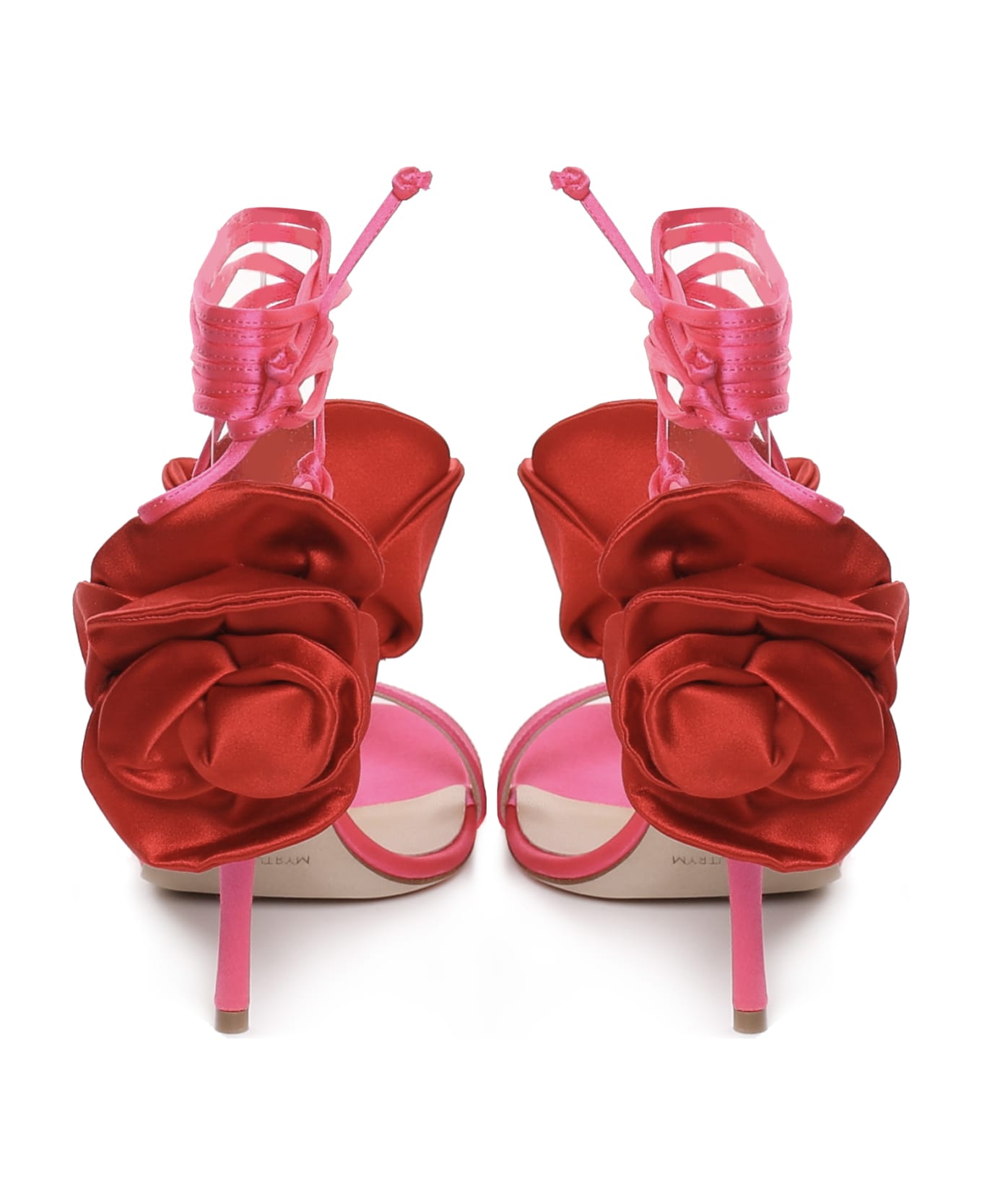 Magda Butrym Double Red Flower Heel Sandals In Fuchsia Satin - Pink