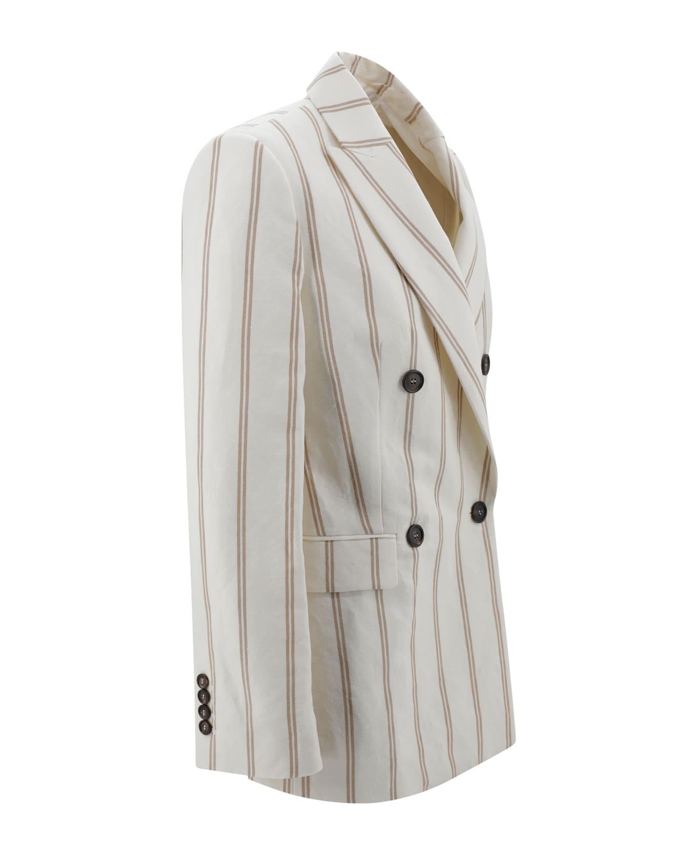 Brunello Cucinelli Multicolor Jacket With All-over Striped Motif And Monile Detail In Linen And Cotton Blend Woman