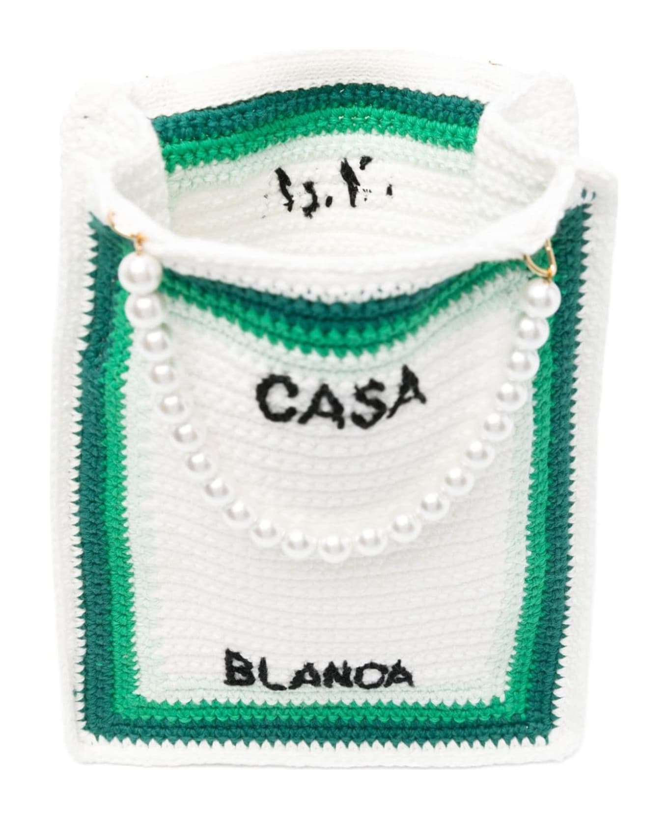 Casablanca White And Green Cotton Tote Bag - Neutro バッグ