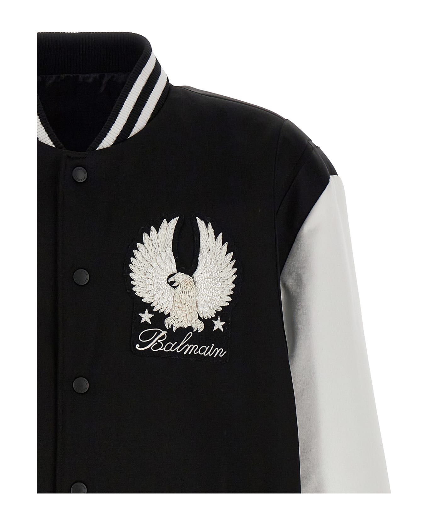 Balmain 'embroidered Badges Satined Varsity' Bomber Jacket - White/Black