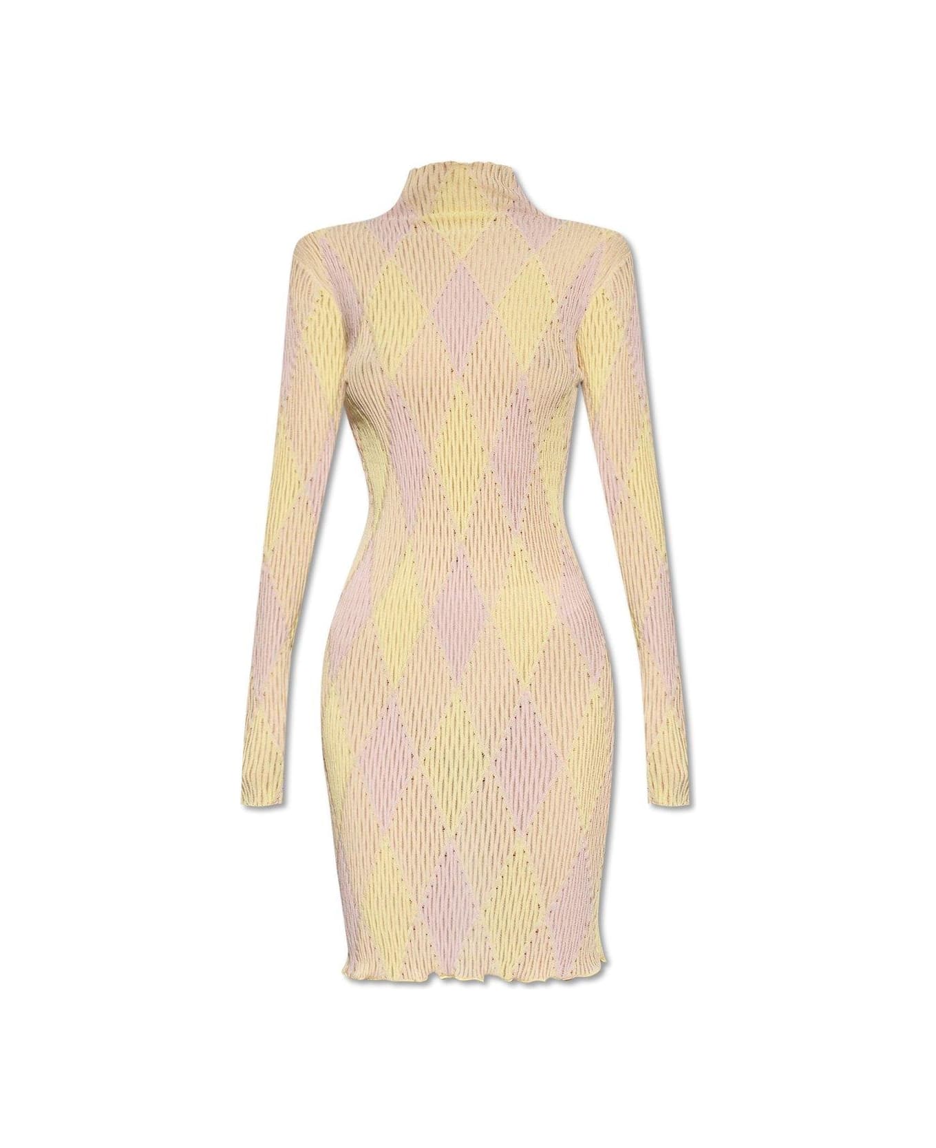 Burberry Argyle Ribbed-knit Long Sleeved Dress - PINK/NEUTRALS