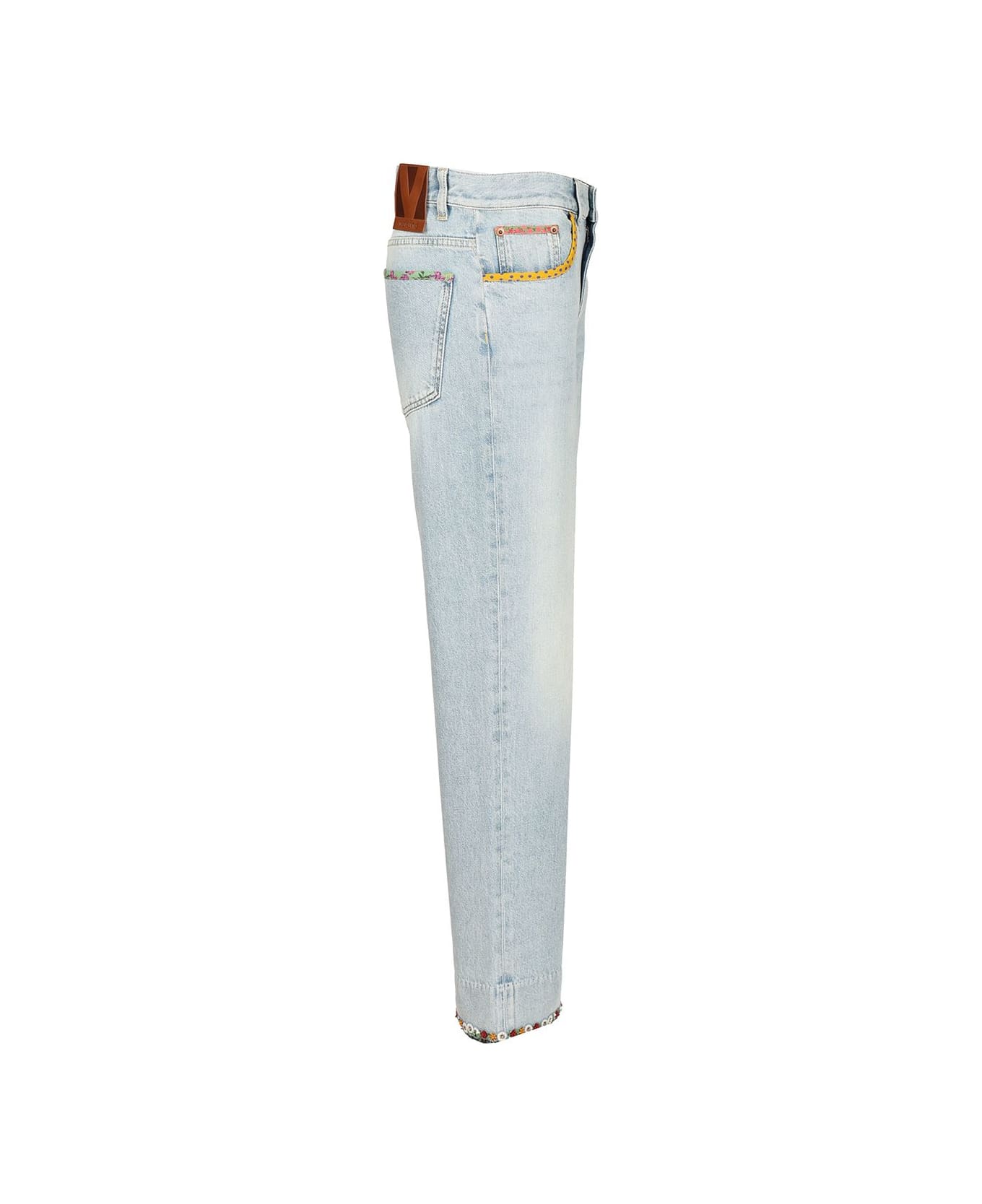 Valentino Denim Trousers With Embroidered Flower Trim - BLUE
