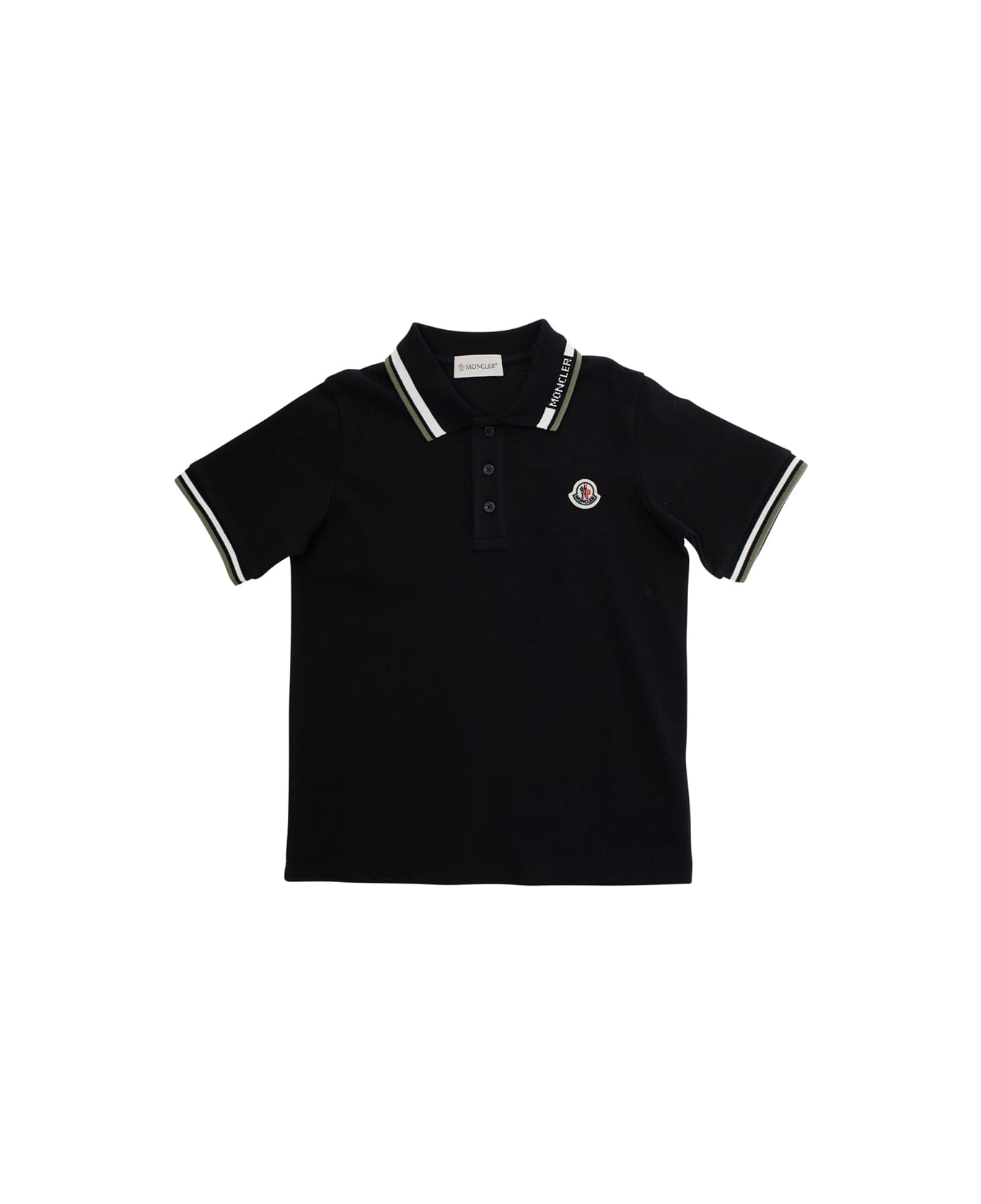 Moncler Black Polo Shirt With Bicolor Collar And Logo Patch On The Front In Cotton Boy - Black