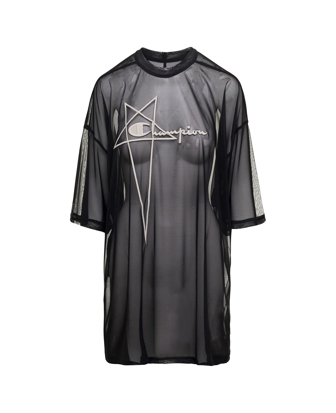 Rick Owens x Champion 'tommy T' Black Oversize T-shirt With Pentagram Embroidery At The Front In Micromesh Man - Nero