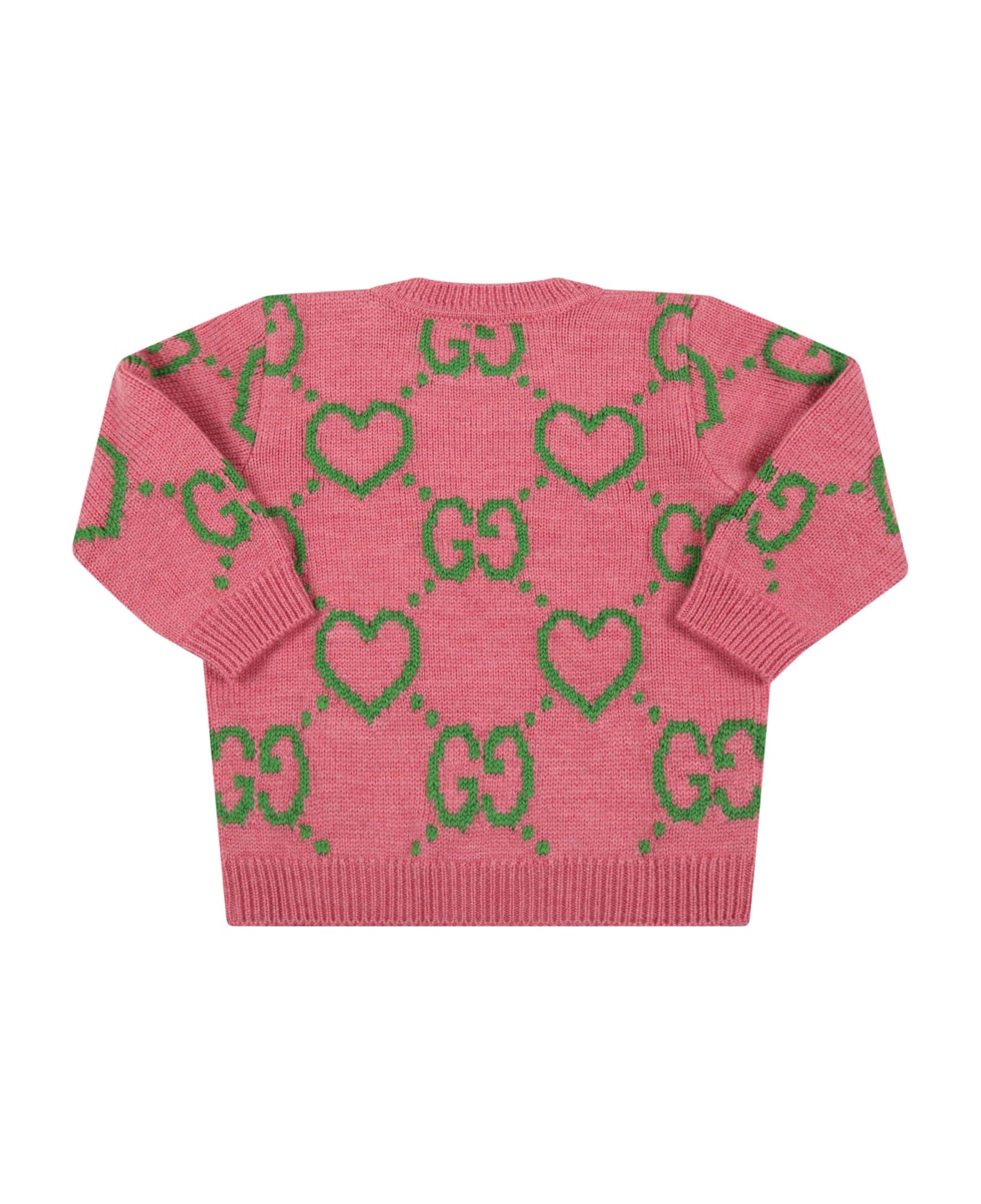 Gucci Pink Sweater For Baby Girl With Double Gg - Rose Grass Green