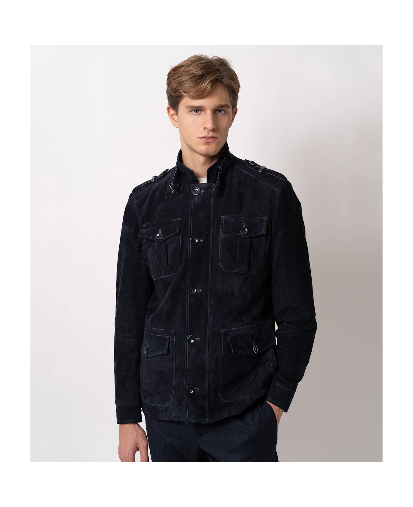 Larusmiani Leather Sahariana Devon Leather Jacket - Blue