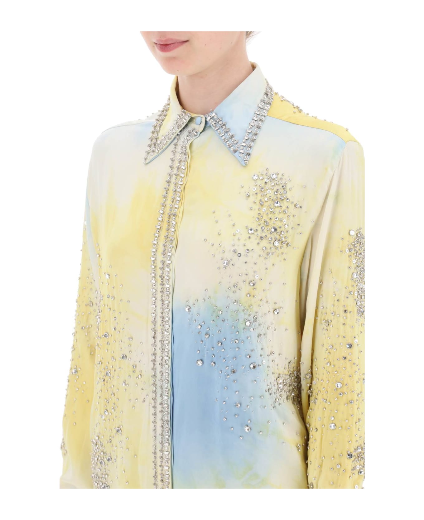 Des Phemmes Silk Satin Shirt With Tie-dye Effect And Appliques - BANANA LIGHT BLUE (Light blue)