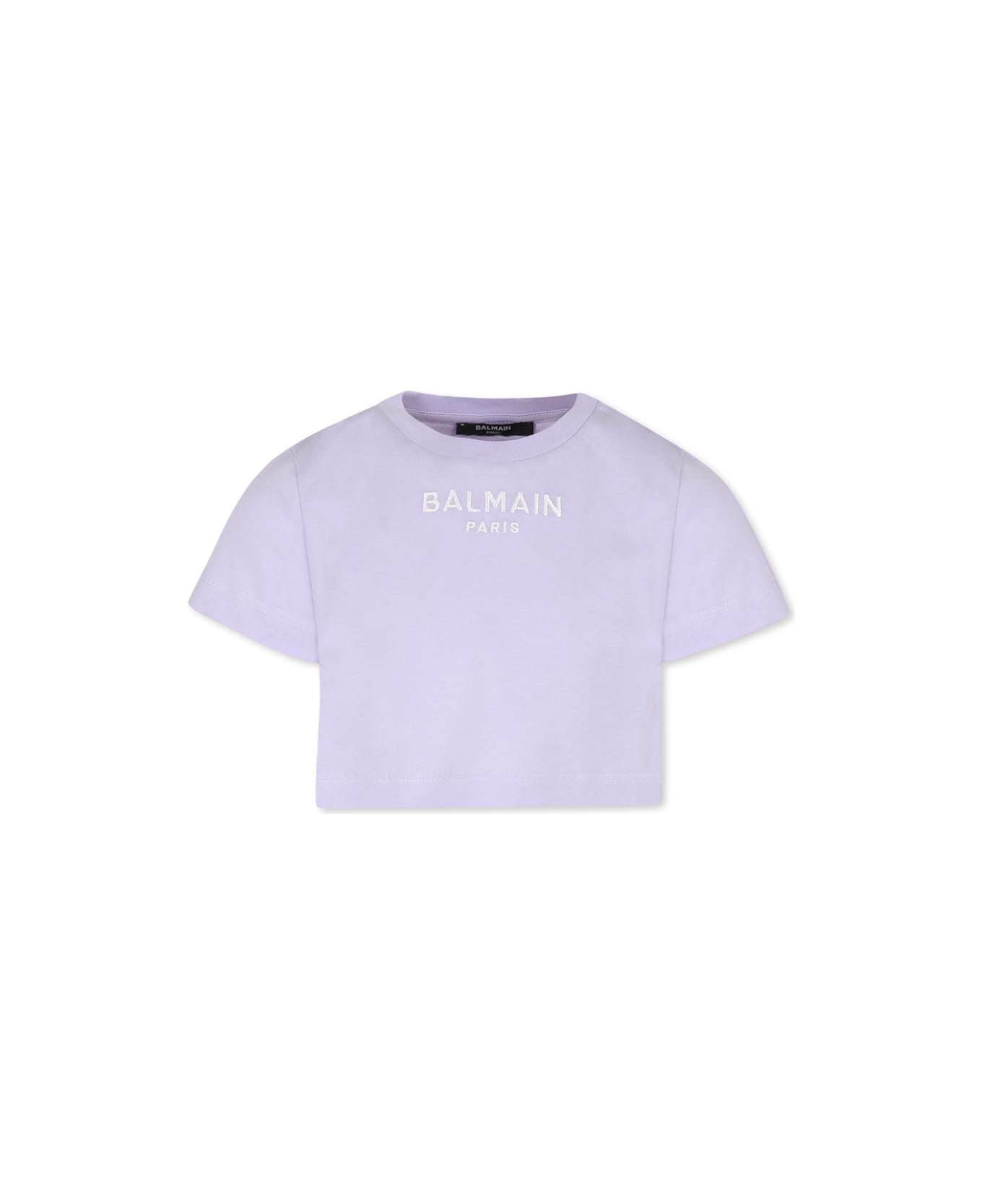 Balmain Purple Crop T-shirt For Girl With Logo - Violet