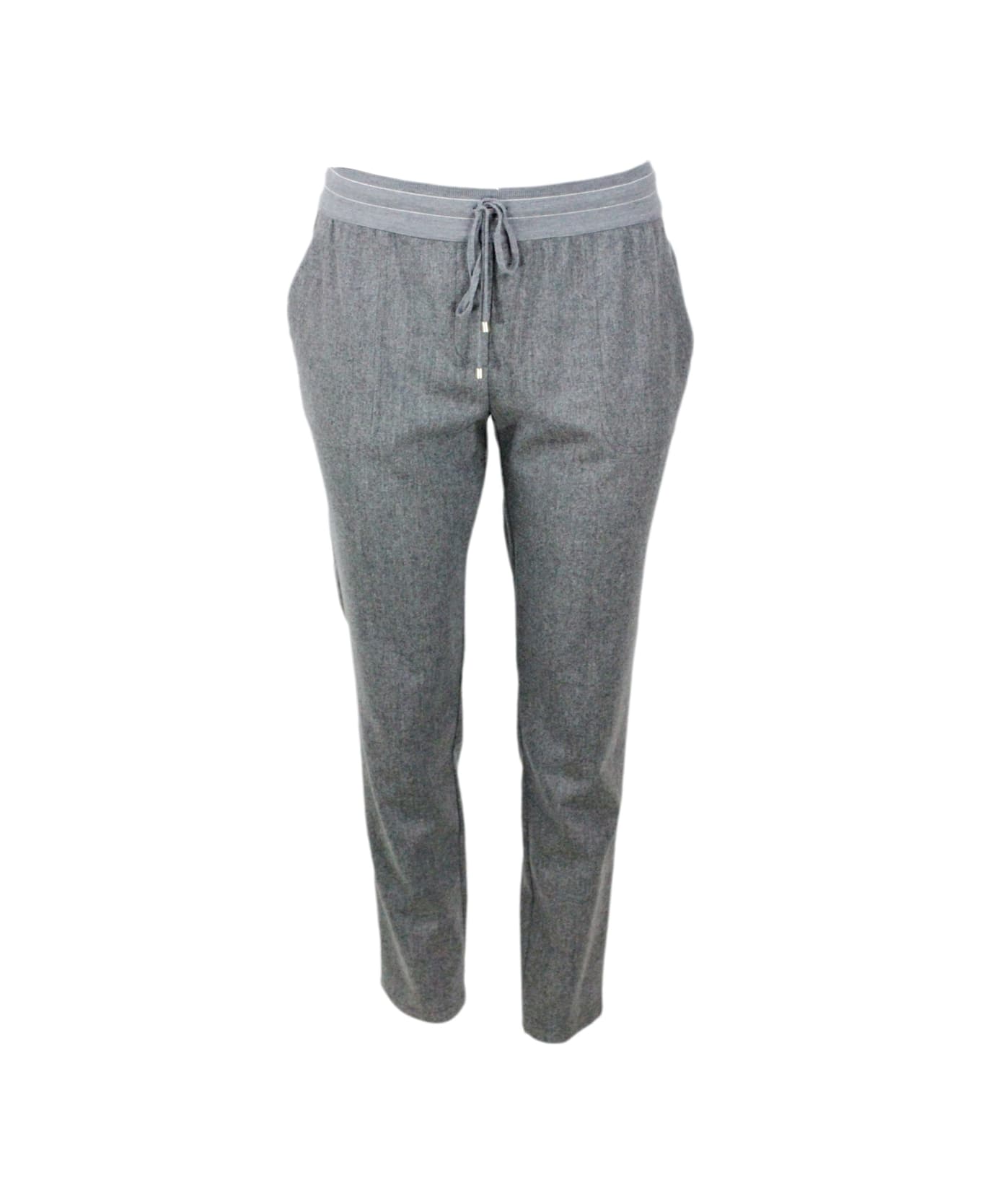 Lorena Antoniazzi Jogging Trousers With Drawstring And Elastic Waist In Very Soft Stretch Wool With Welt Pockets - Grey