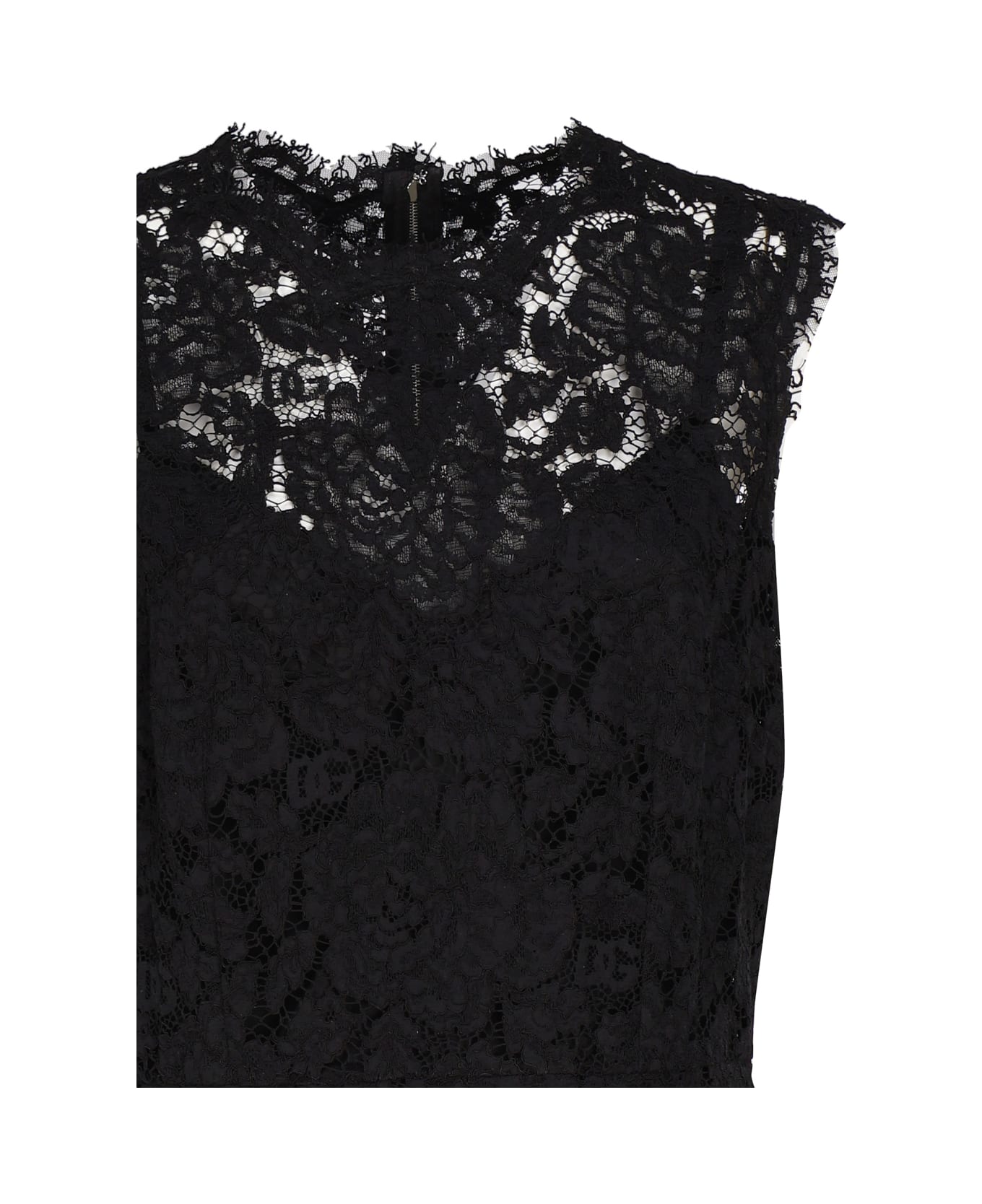 Dolce & Gabbana Longuette Dress In Logoed Stretch Lace - Nero