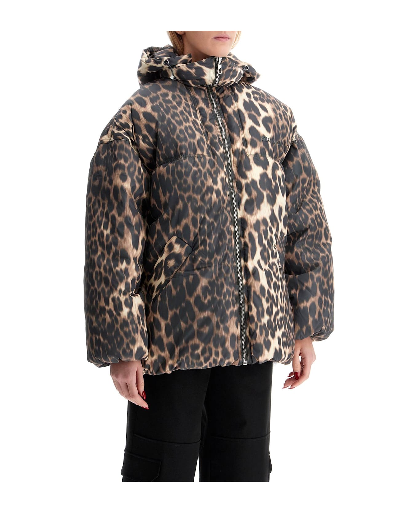 Ganni Leopard Print Puffers Midi - Almond Milk