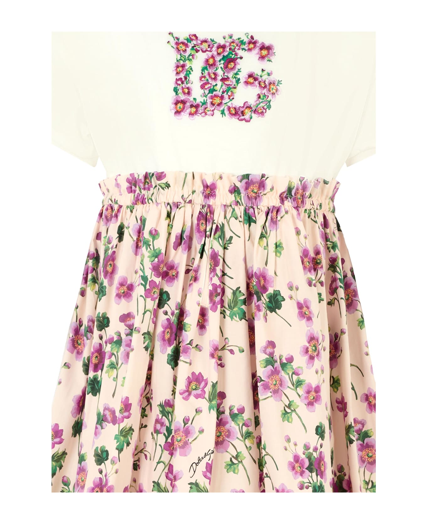 Dolce 
Gabbana Pink Dress For Girl With Flowers And Logo - Pink