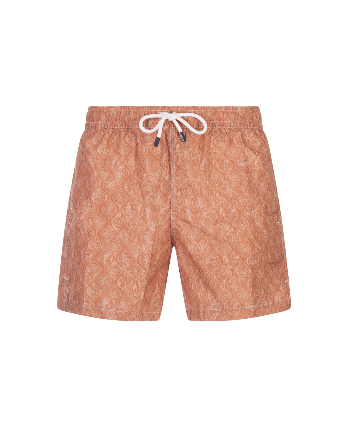 Fedeli Orange Swim Shorts With Flower And Leaf Pattern - Orange