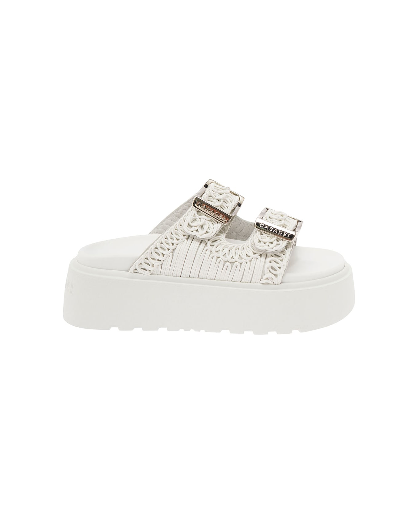Casadei 'birky Ale' White Slippers With Cornely Embroidery And Xl Buckles In Fabric Woman - White