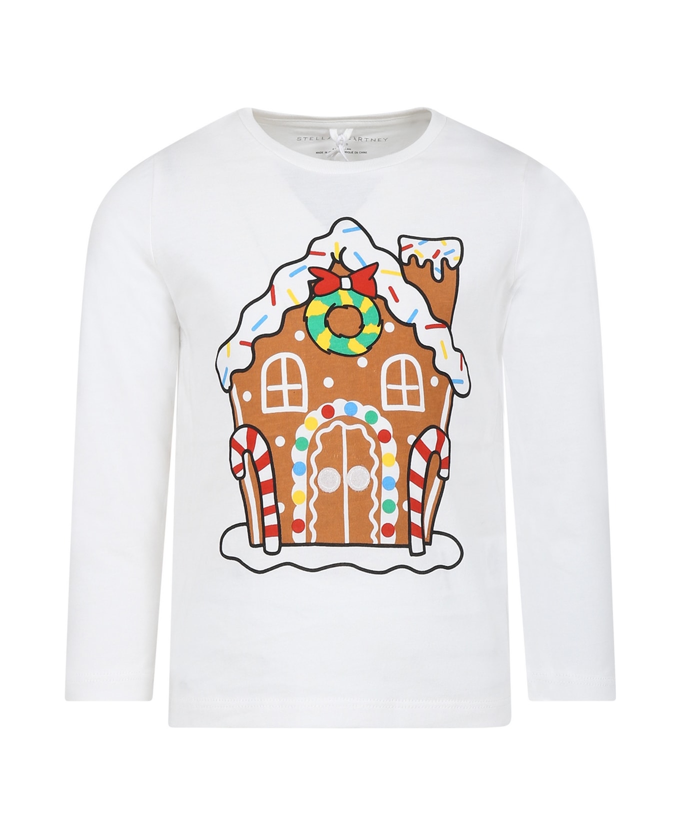 Stella McCartney Kids White T-shirt For Boy With Printed Gingerbread House - White