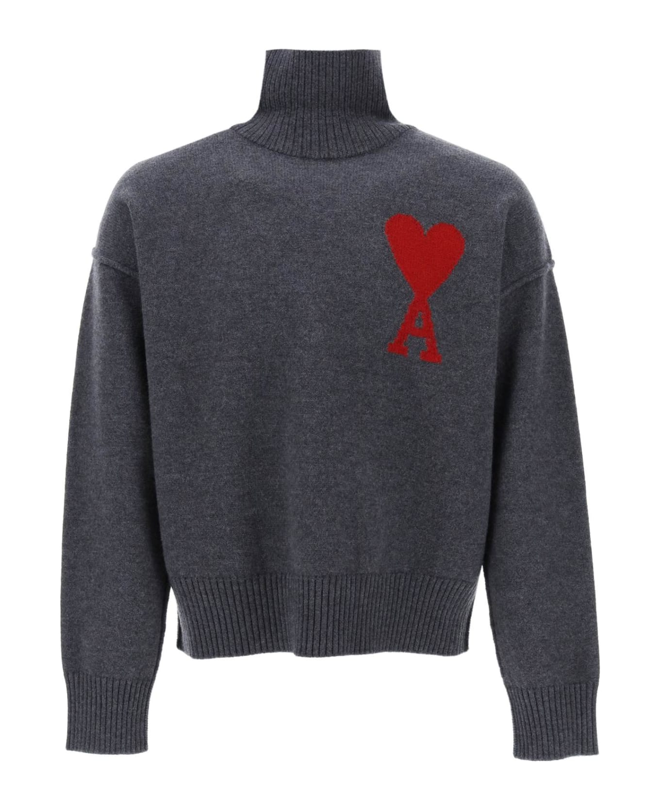 Ami Alexandre Mattiussi Ami De Coeur Wool Turtleneck Sweater - GREY/RED
