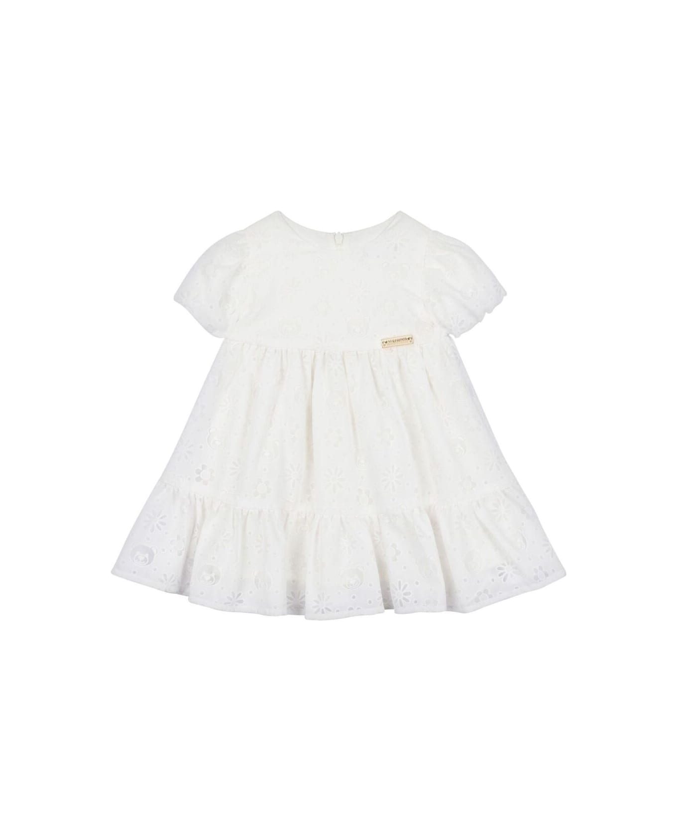 Moschino White Dress With Broderie Anglaise And Logo Plaque On The Front In Viscose Blend Baby - White