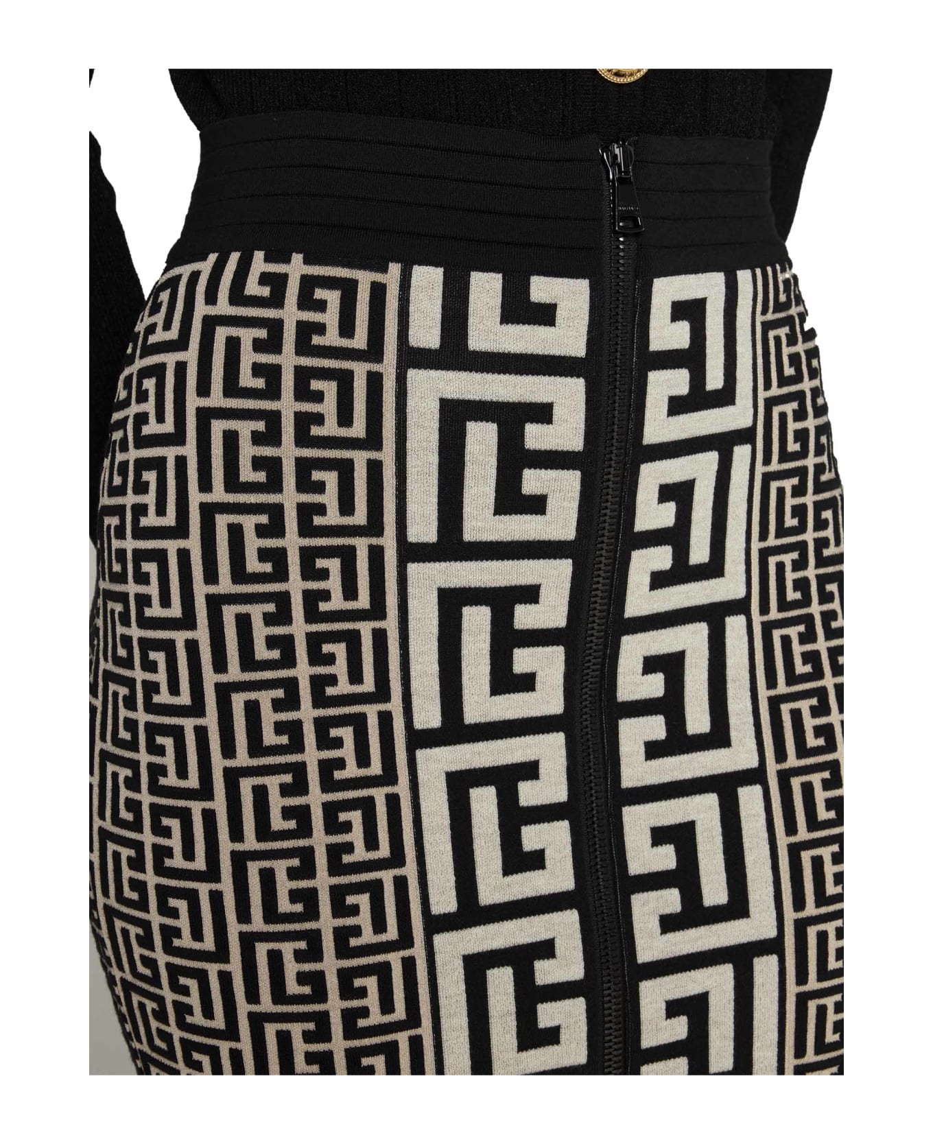 Balmain Hw Monogram Knit Knee Skirt - Gfe Ivoire Noir スカート