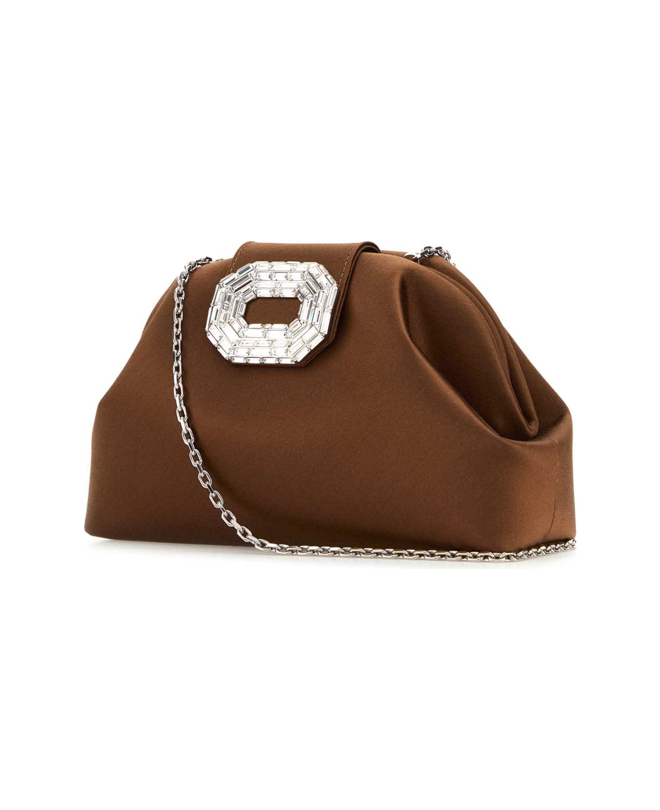 Amina Muaddi Brown Satin Camelia Clutch - SATINMOCHASILVERHARDWARE
