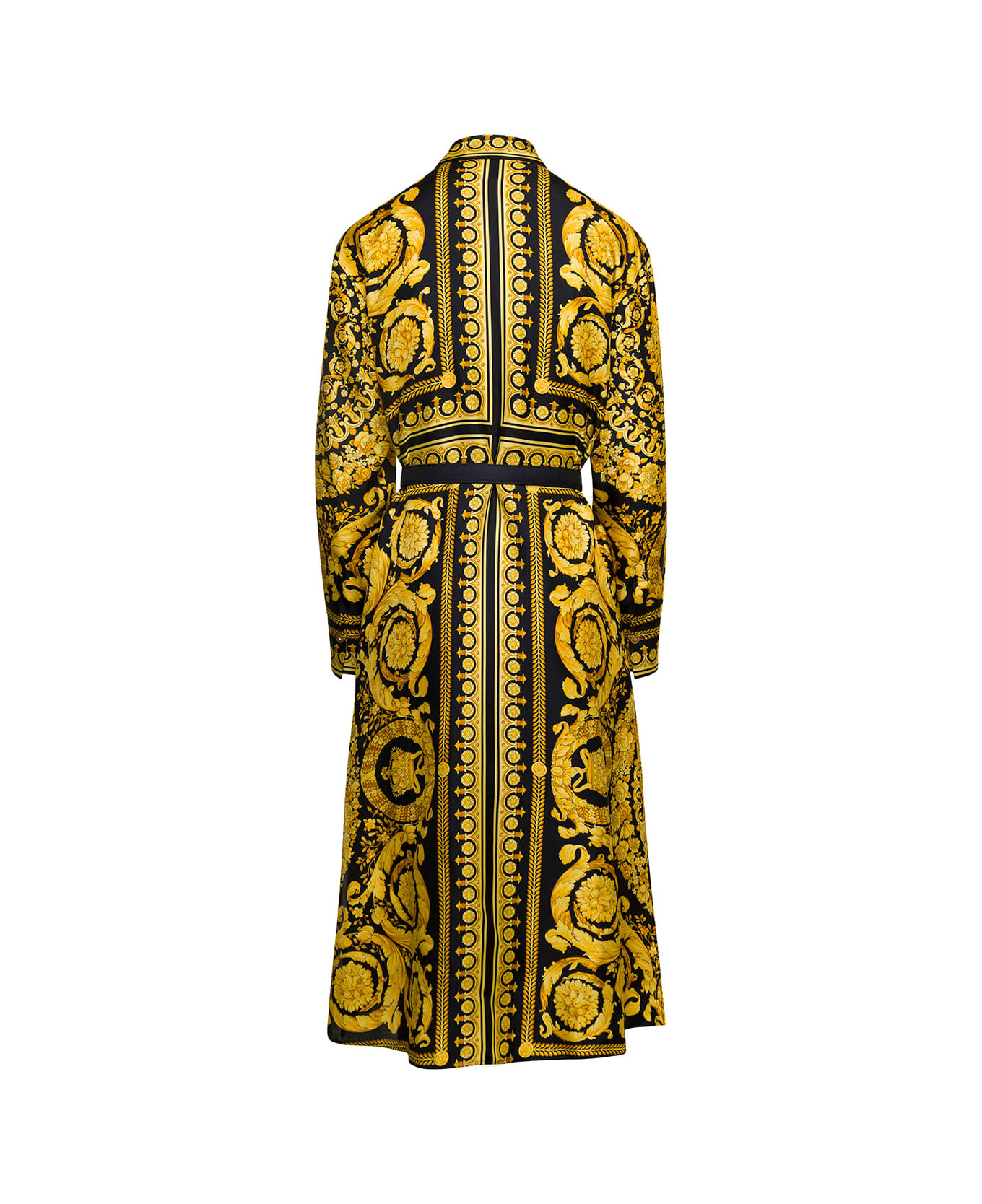 Versace Black And Gold Tone Belted Shirt Dress With Baroque Print All-over In Silk Woman - Multicolor