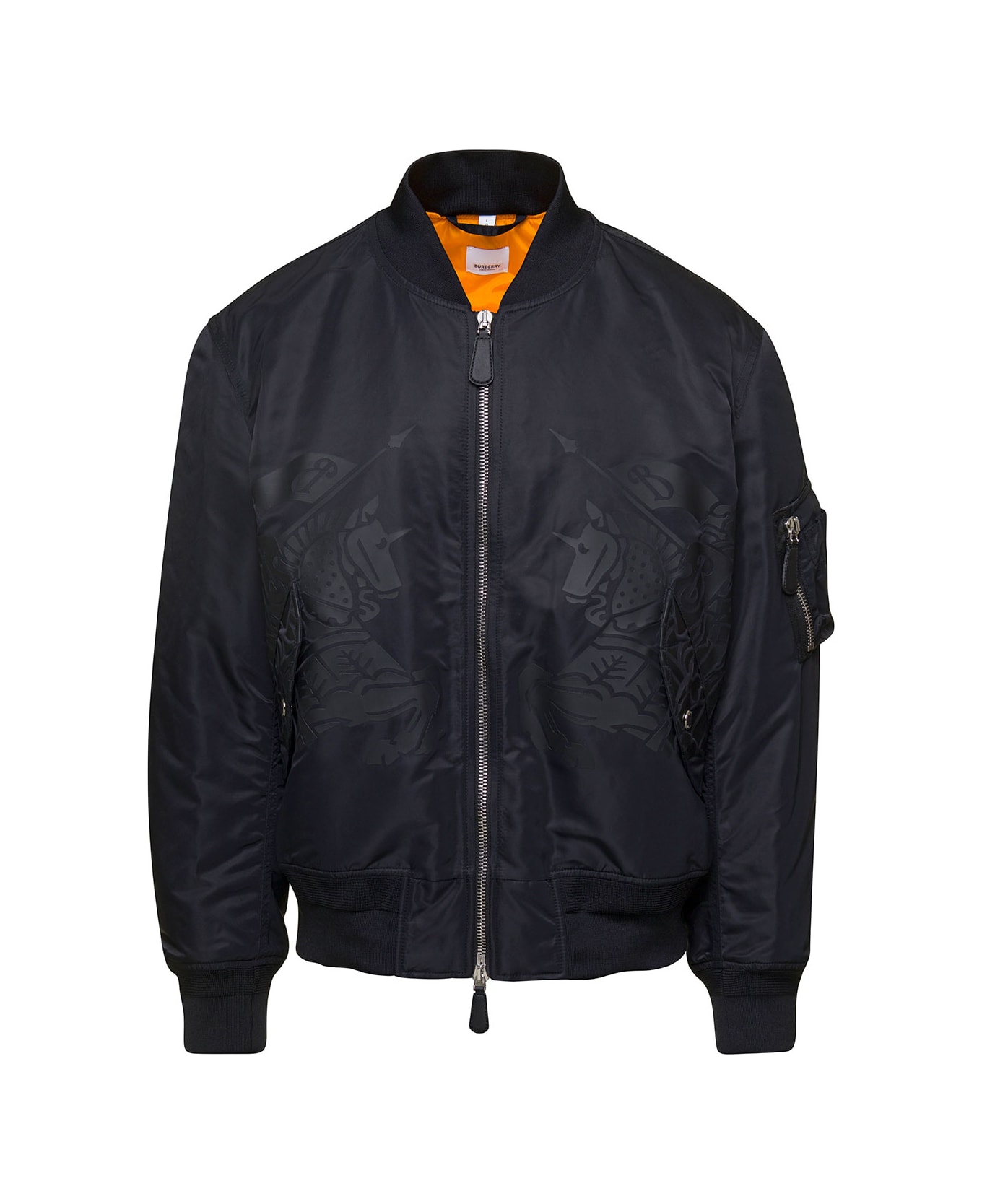 Burberry Black Bomber Jacket With Equestrian Knight Print In Polyamide Stretch Man - Black
