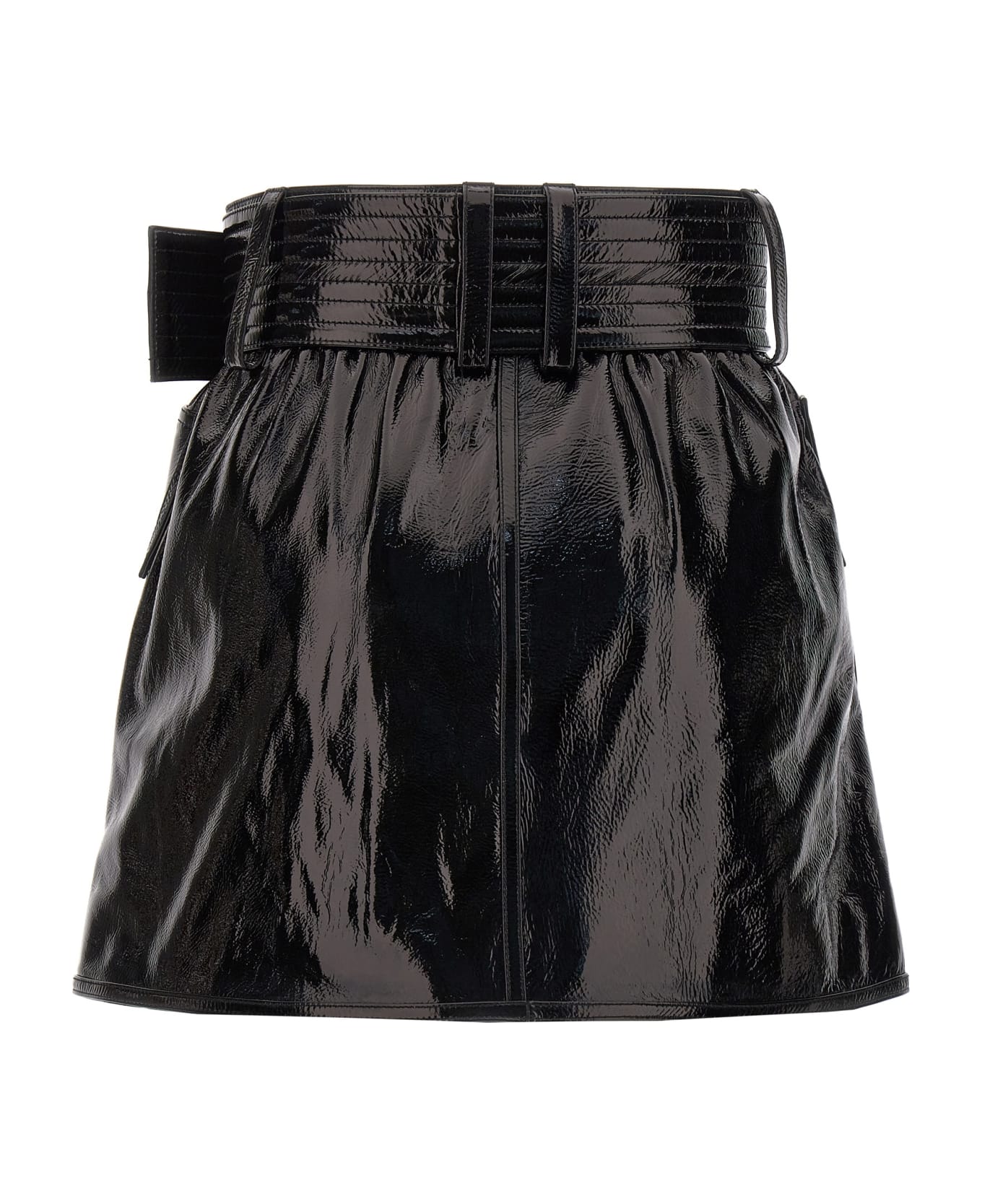 Balmain Belt-up Shiny Leather Skirt - BLACK