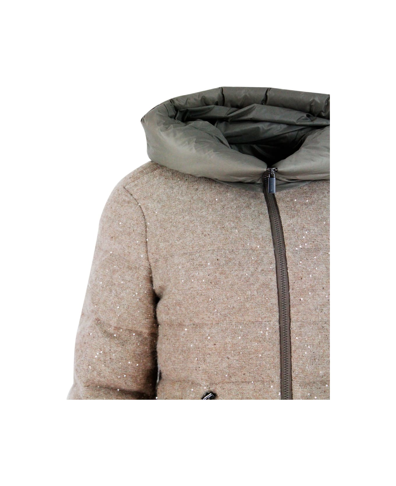 Fabiana Filippi Down Jacket Padded With Real Goose Down Made Of Soft And Precious Wool, Silk And Cashmere With Drawstring At The Waist And Hood In Technical Fabric - Nut