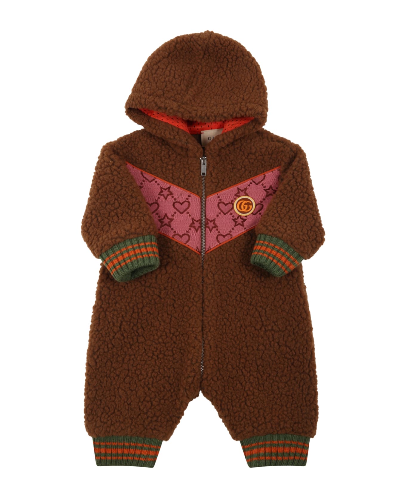 Gucci Brown Jumpsuit For Baby Girl With Hearts, Stars And Logo - Brown