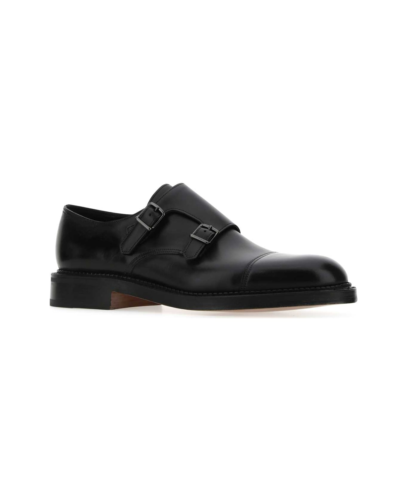 John Lobb Black Leather William Monk Strap Shoes - BLACK