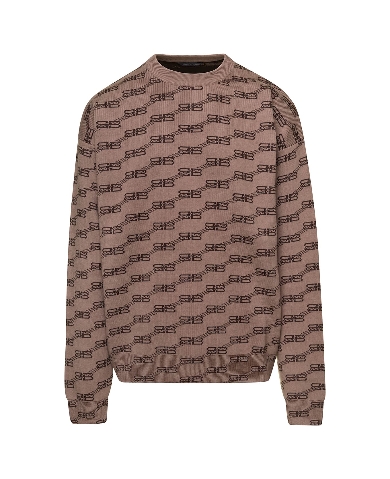 Balenciaga Beige Knit Sweater With All-over Monogram Jacquard In Cotton Blend Man - Beige
