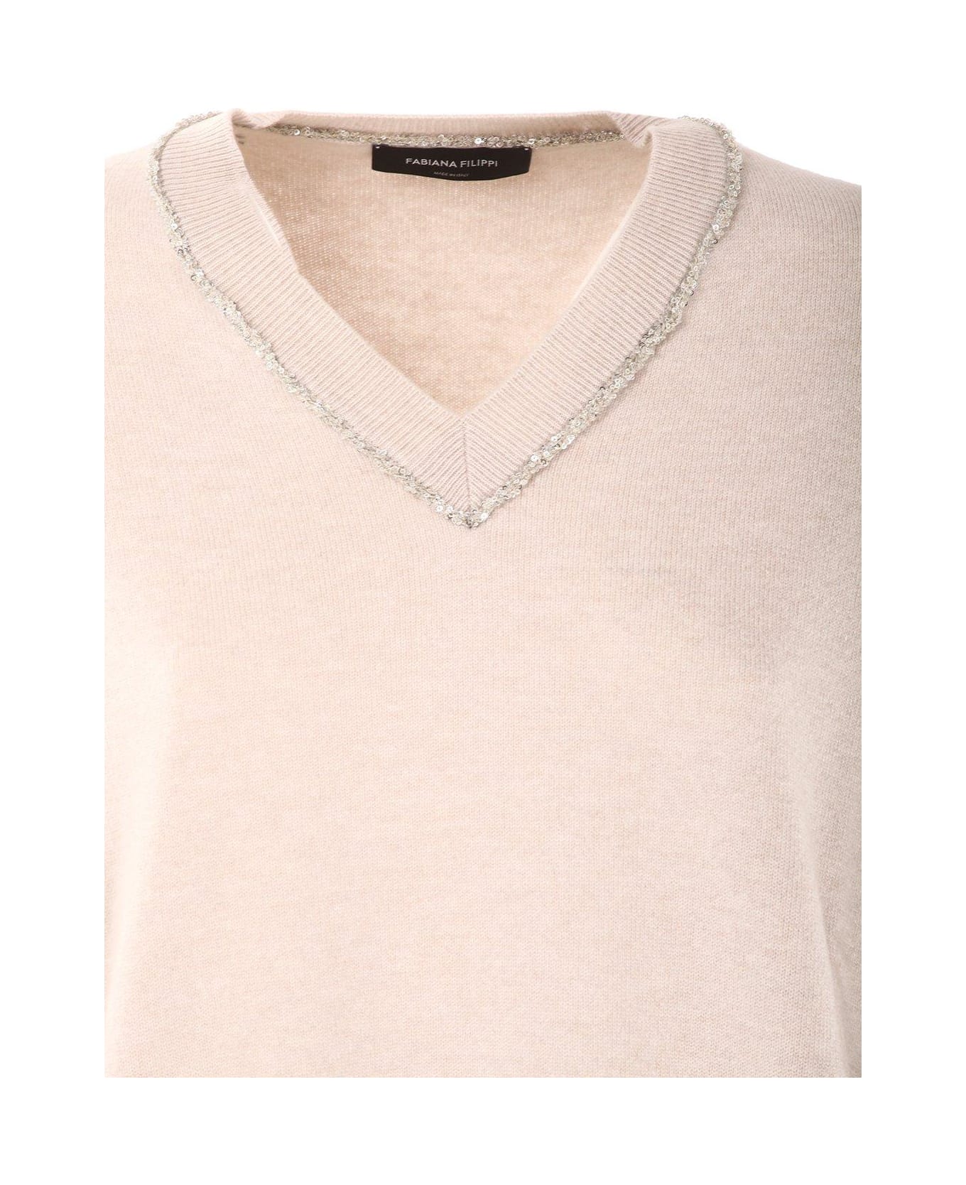 Fabiana Filippi Sequin-detailed V-neck Knitted Jumper - Greige