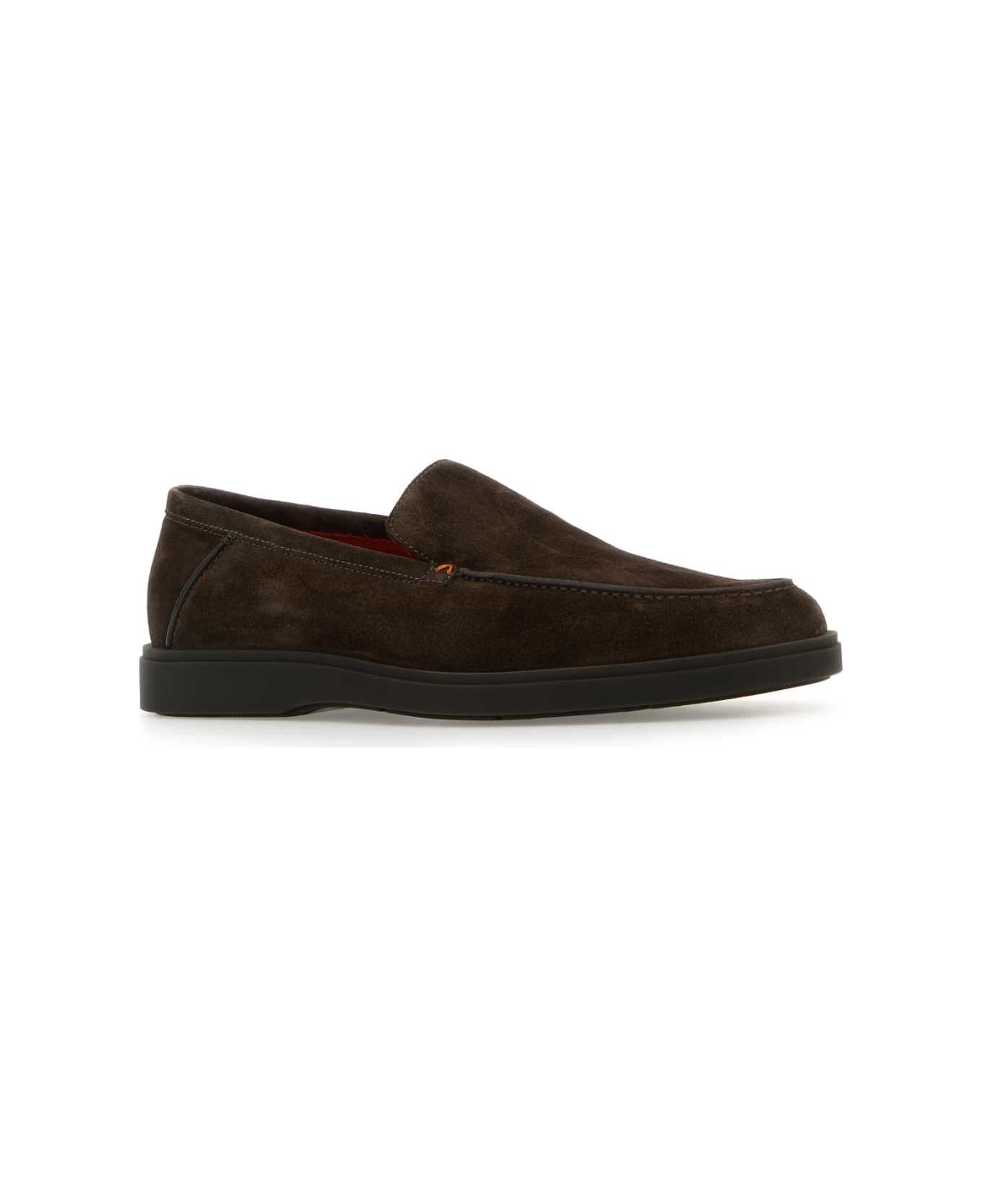 Santoni Chocolate Suede Drain Loafers - DARKBROWN