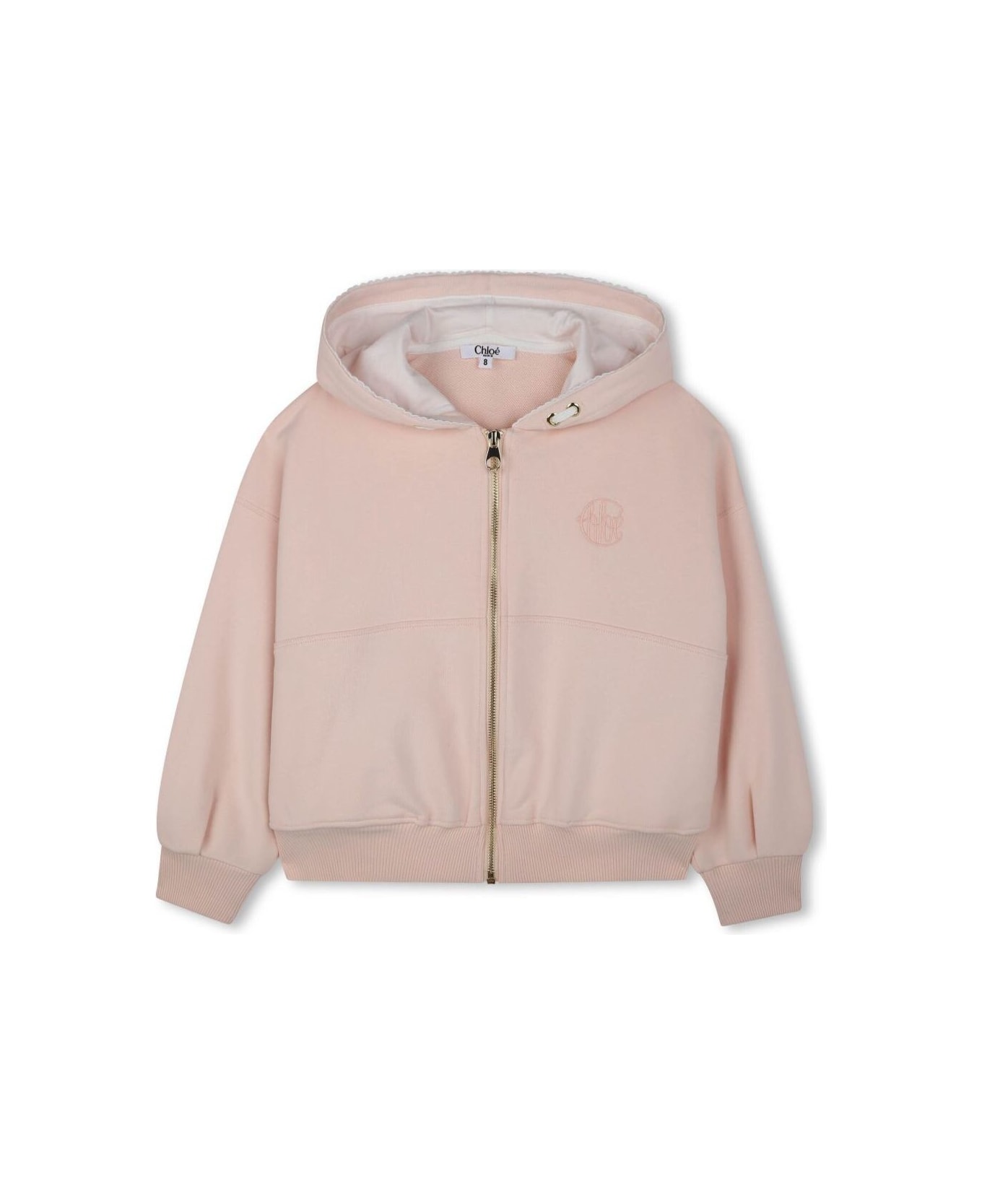 Chloé Pink Cardigan With Fixed Hood And Logo On The Front In Cotton Girl - Pink