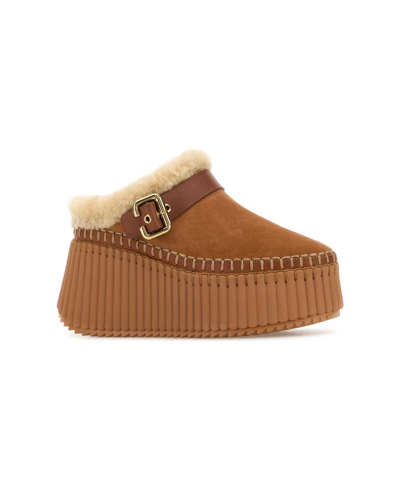 Chloé Camel Suede Nama Slippers - POTTERYBROWN