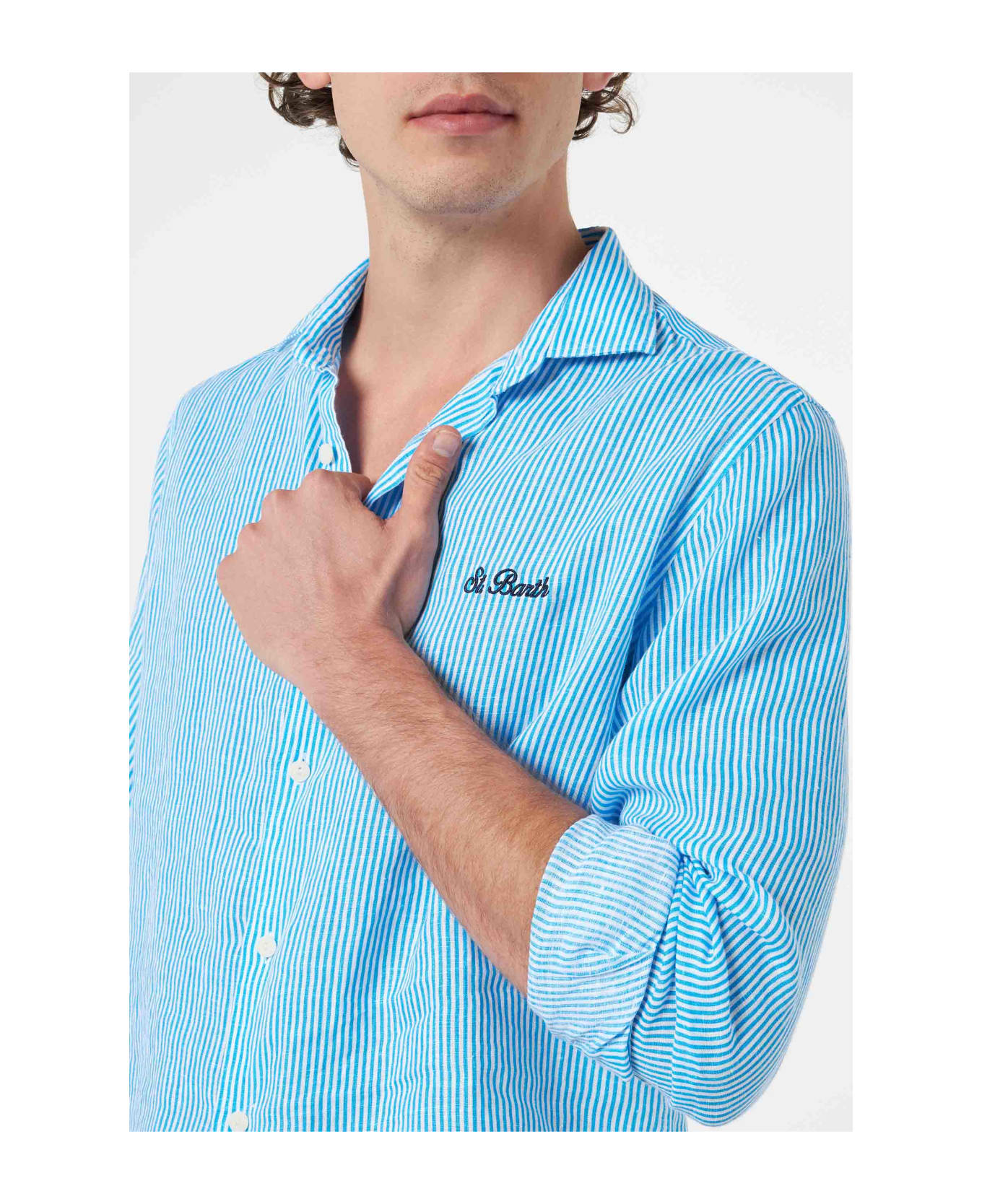 MC2 Saint Barth Man Turquoise Striped Linen Shirt Pamplona - SKY