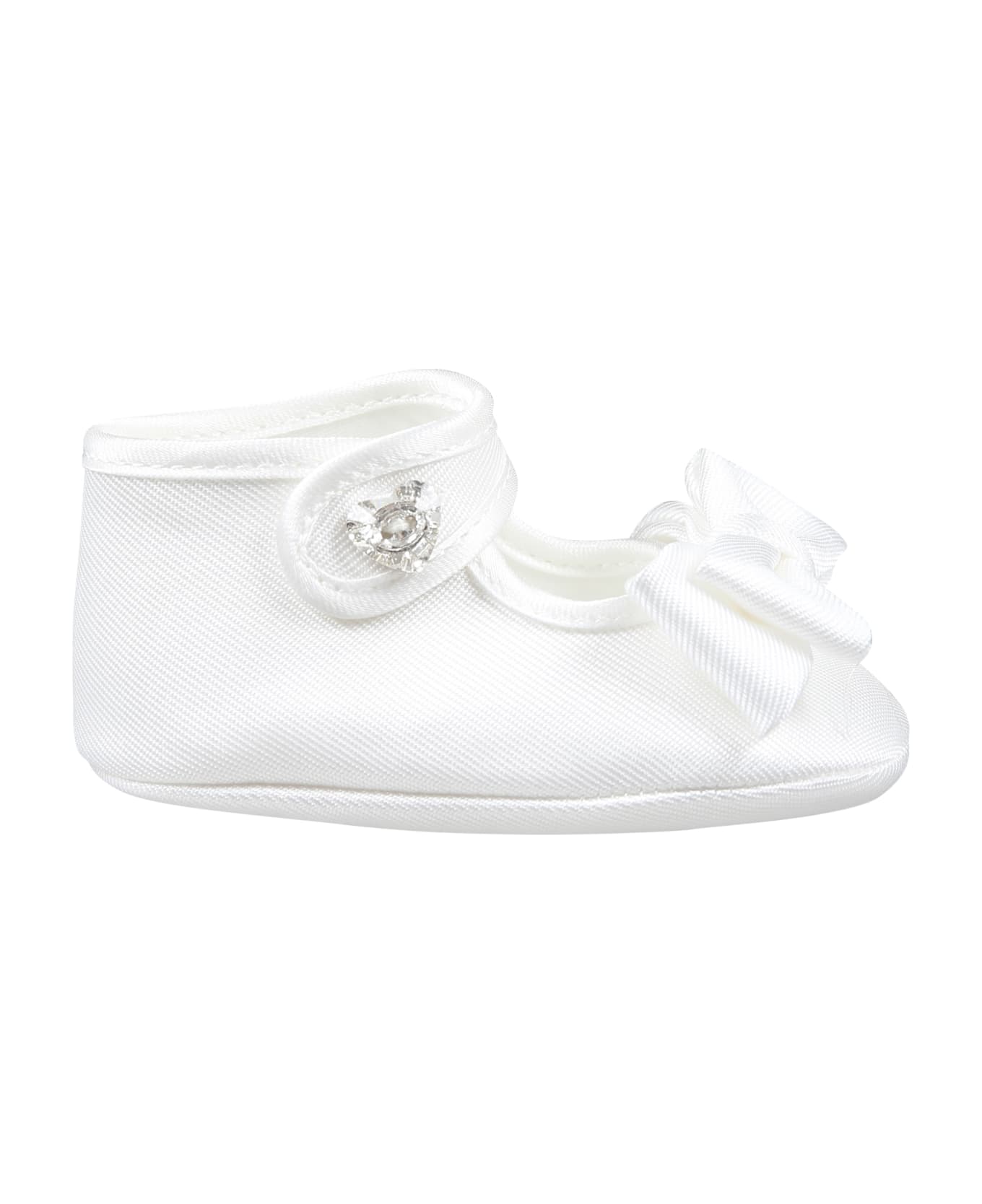 Monnalisa White Flat Shoes For Baby Girl With Bow - White