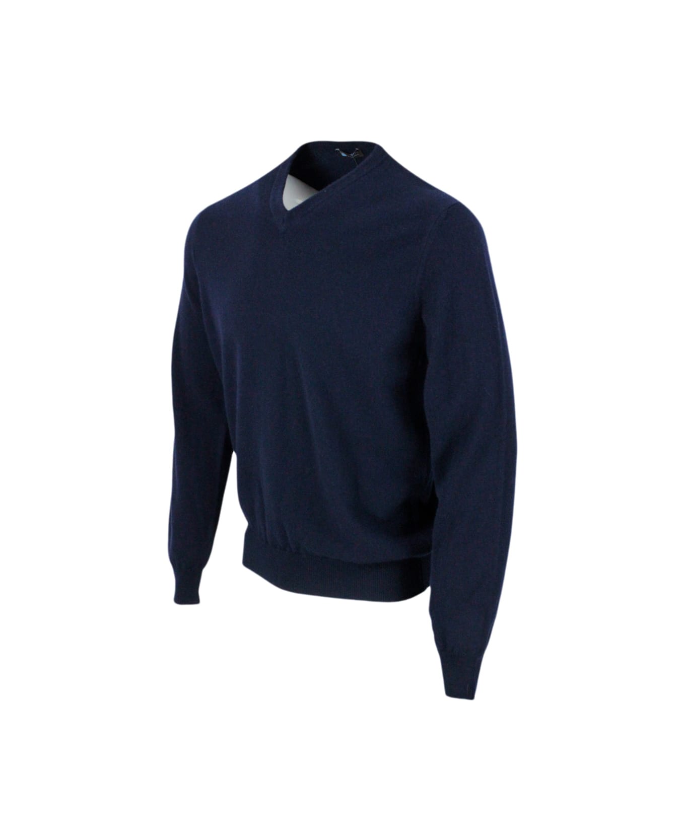 Colombo Long-sleeved V-neck Sweater In Fine 2-ply 100% Kid Cashmere With Special Processing On The Edge Of The Neck - Blu navy