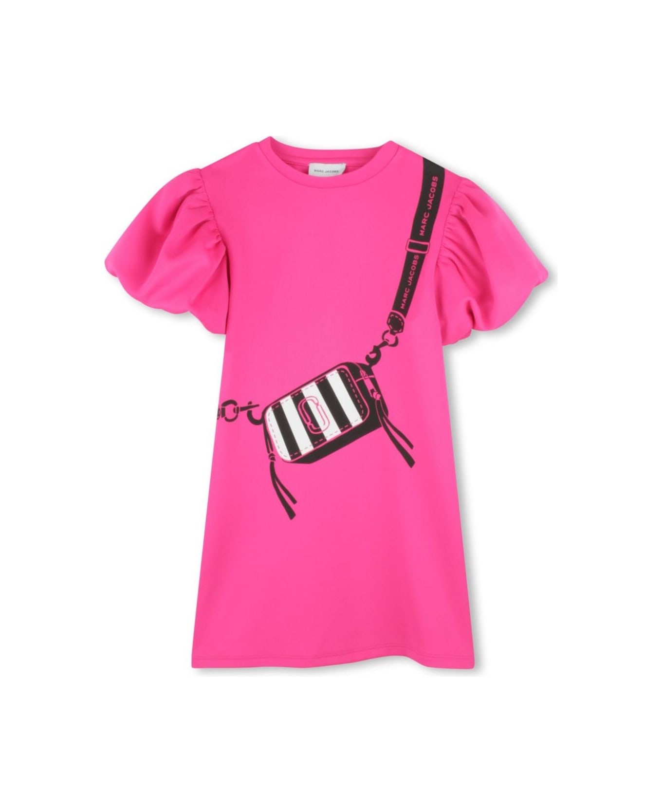 Marc Jacobs Pink Crewneck Dress With Puffed Sleeves And Logo Print On The Front In Tech Fabric Stretch Girl - Fuxia