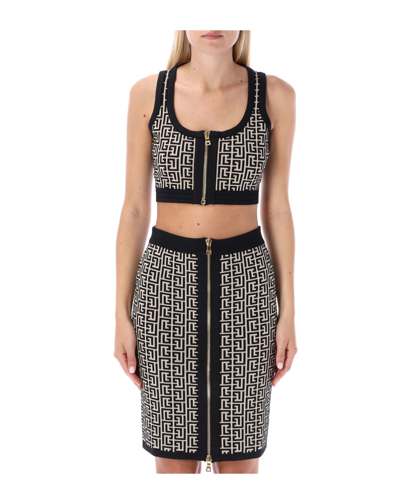 Balmain Cropped Knit Sports Bra Top - IVORY BLACK