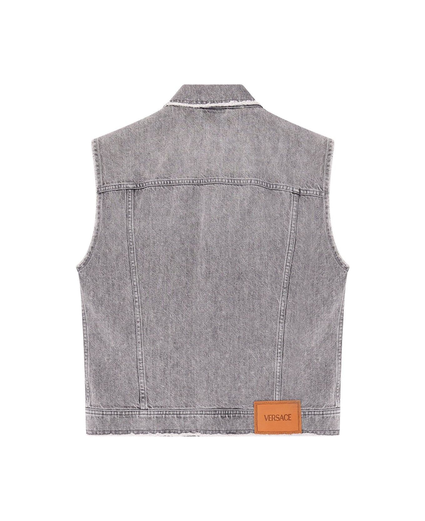 Versace Logo Patch Frayed Denim Gilet - GREY