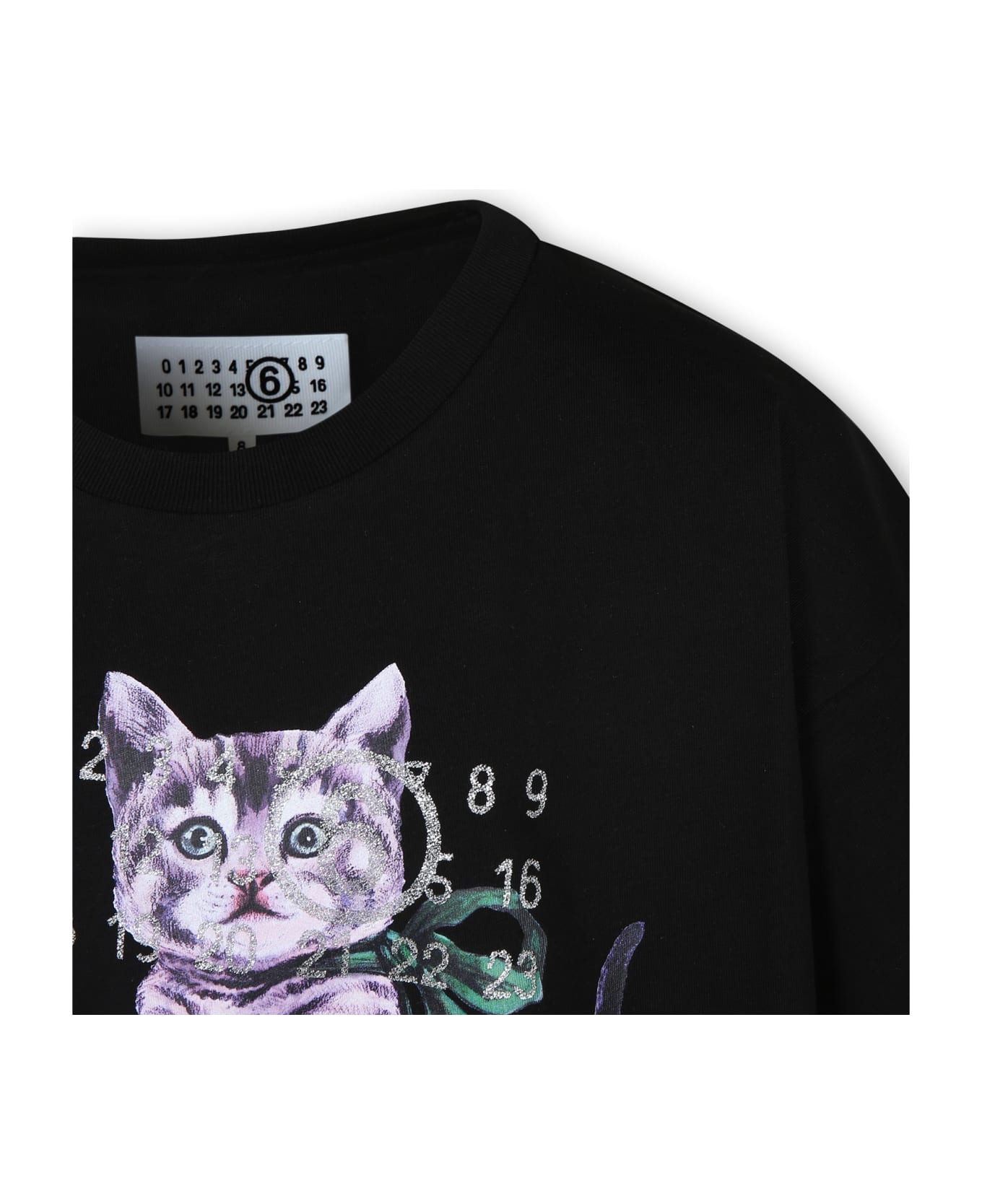MM6 Maison Margiela Black T-shirt For Girl With Cat Print And Numbers - Black