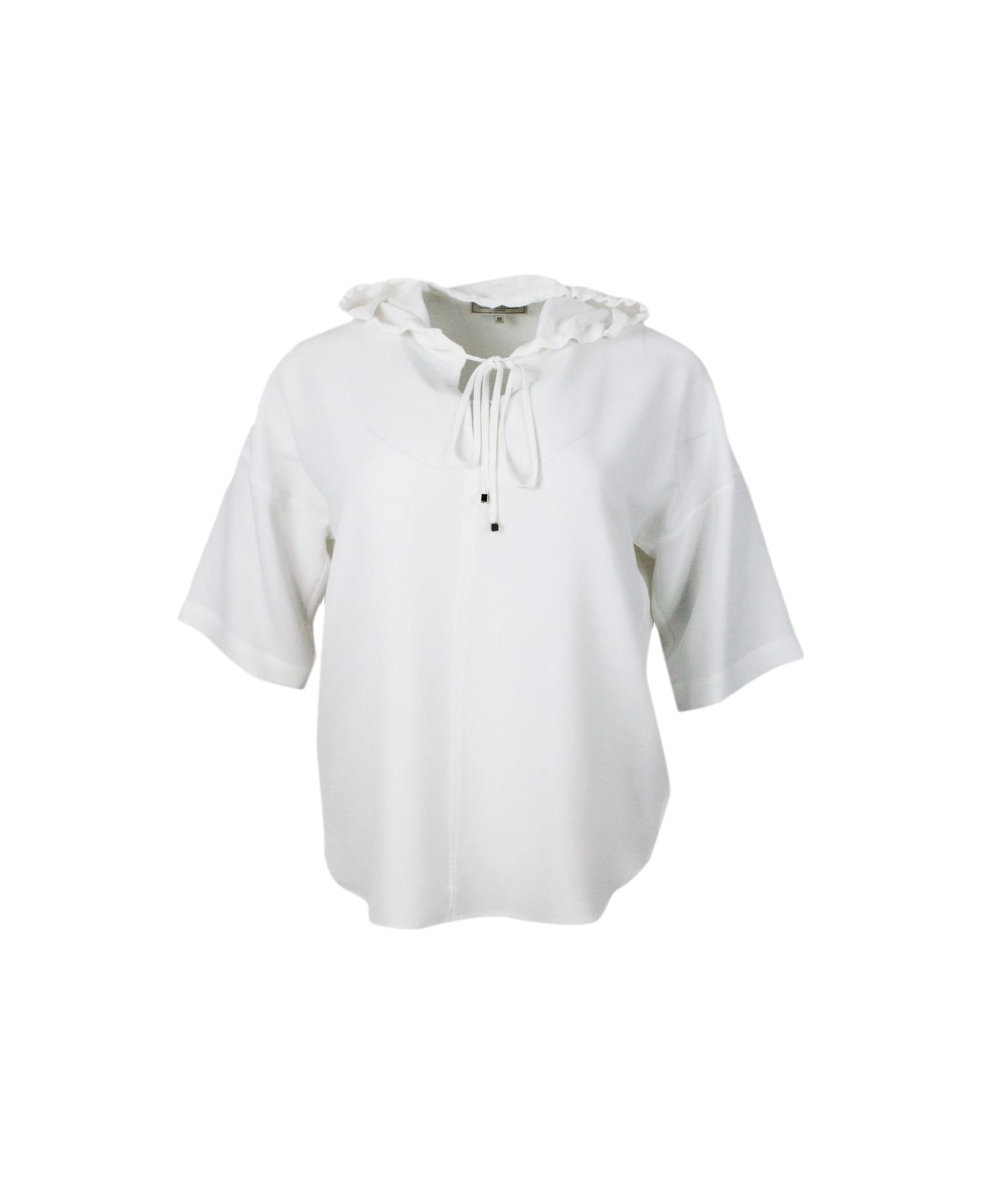 Antonelli Lightweight Short-sleeved Stretch Silk Crepe Shirt With Drawstring Hood. Fluid Fit - White ブラウス