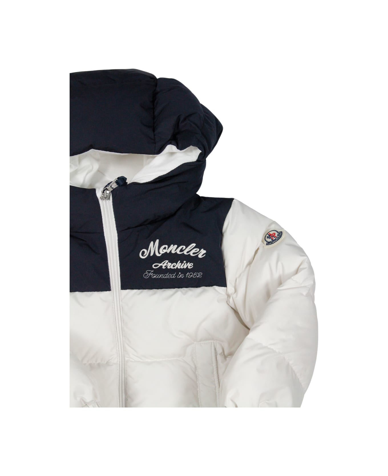 Moncler Joe Down Jacket Padded In Real Two-tone White And Blue Goose Down With Hood And Zip Closure Welt Pockets On The Front - White