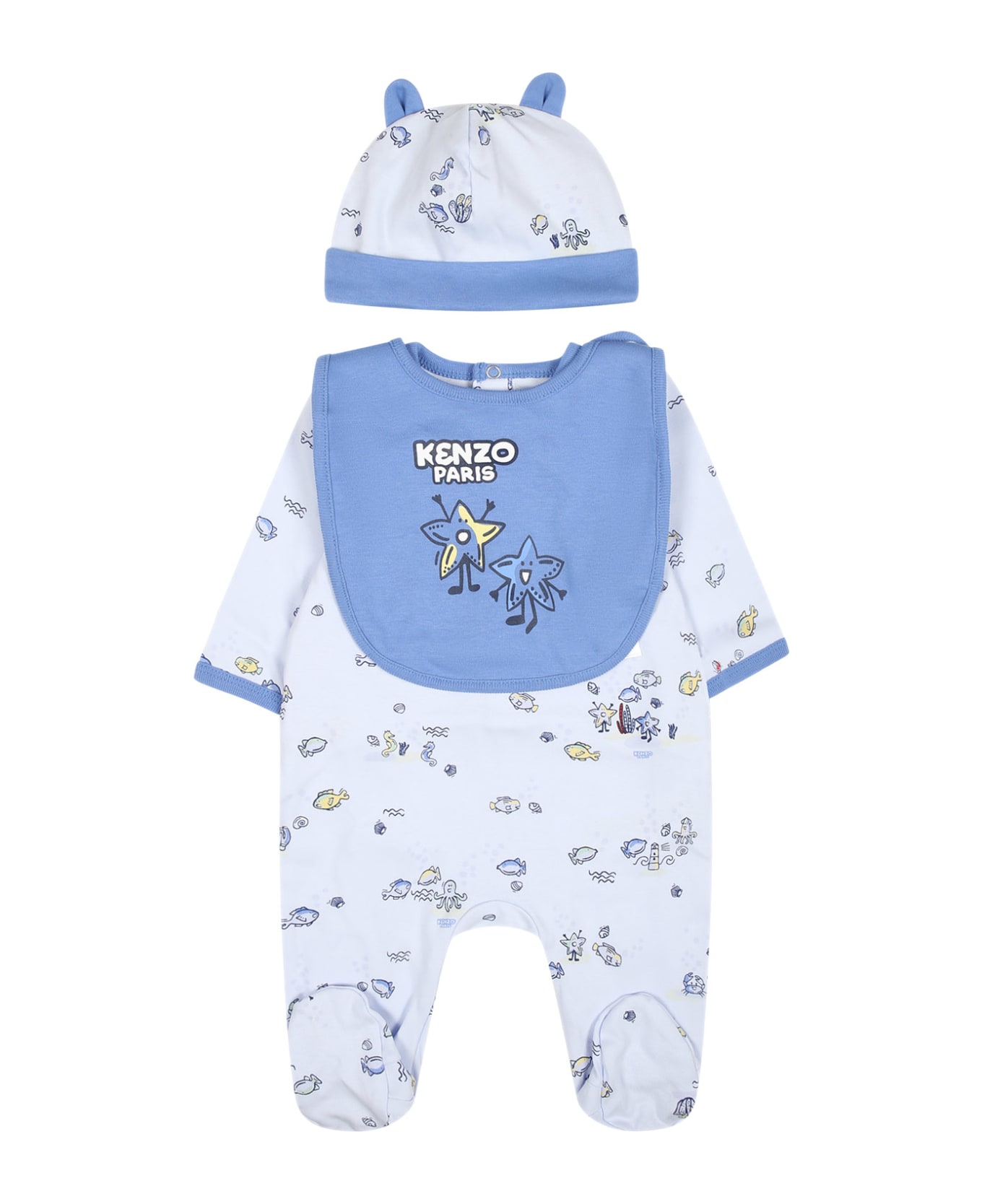 Kenzo Kids Light Blue Set For Baby Boy With Print And Logo - Light Blue ボディスーツ＆セットアップ