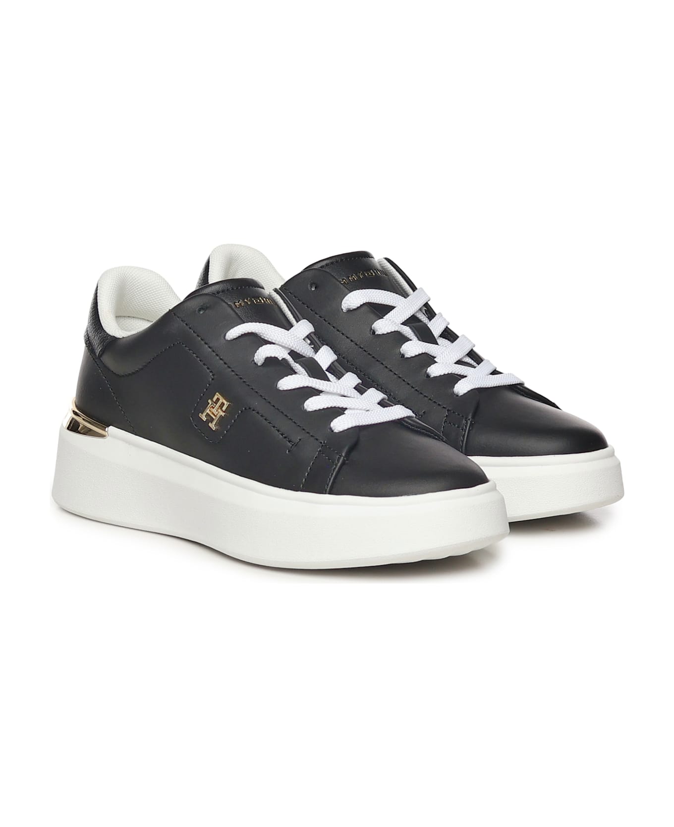 Tommy Hilfiger Leather Sneakers With Monogram - Black
