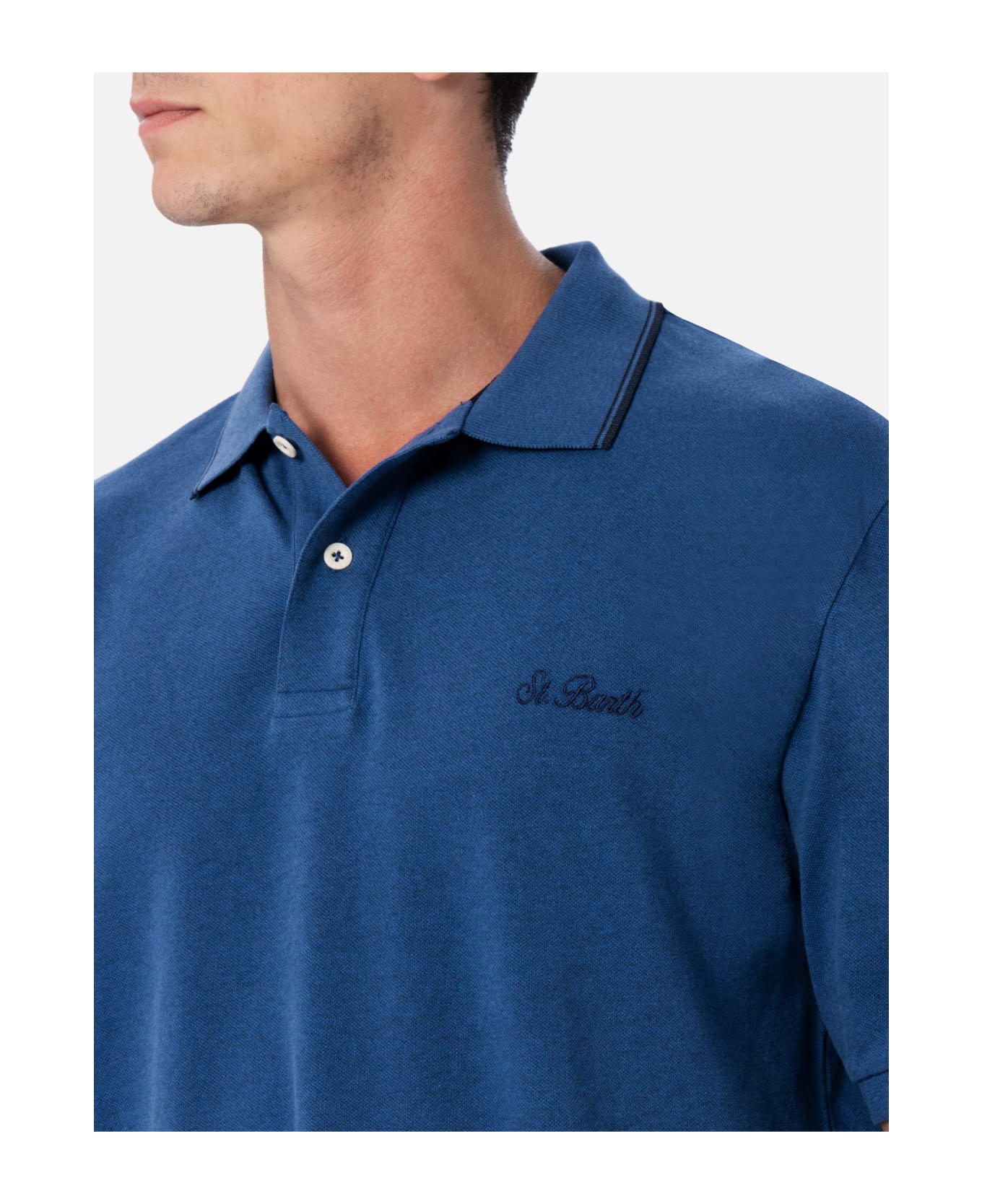 MC2 Saint Barth Man Denim Blue Cotton Piquet Polo Shirt Beverly Hills - BLUE