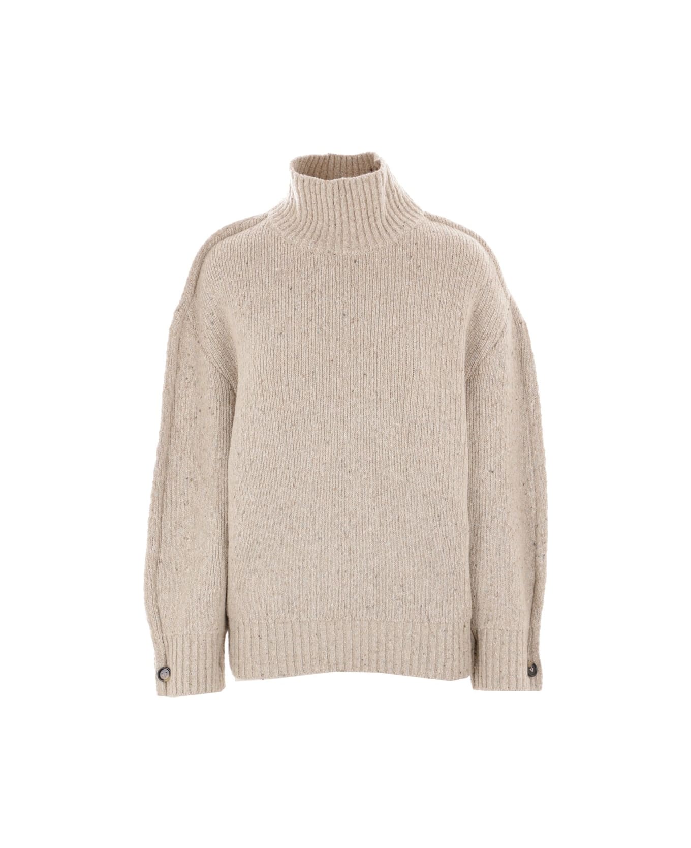 Bottega Veneta High Neck Ribbed Jumper - Beige