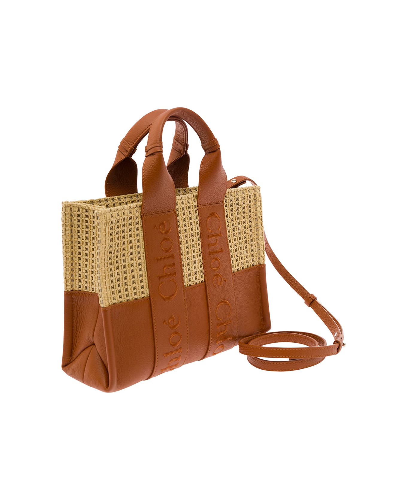 Chloé Woody Small Tote Bag In Leather And Raffia With Embroidered Logo - Brown