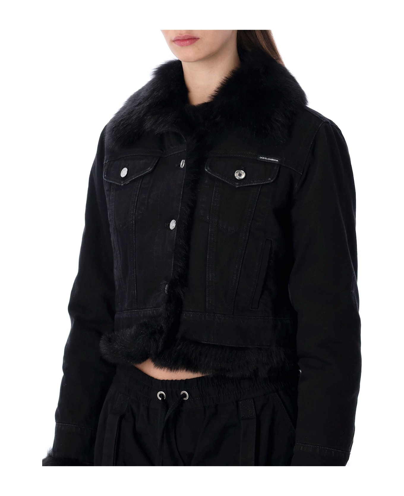 Dolce & Gabbana Short Black Denim Jacket With Faux Fur - BLACK